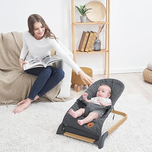 Miniatura 7 de ANGELBLISS Bouncer para bebés, Asiento Bouncer Portátil para Bebés e Infantes, Asiento Saltarín con Base de Veta de Madera, Vibraciones Naturales