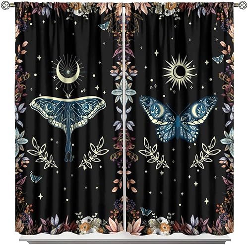 Miniatura 7 de Cortinas de mariposa de polilla de fantasía, sol, luna, estrella, hojas florales retro, con bolsillo para barra, cortinas opacas para ventana para