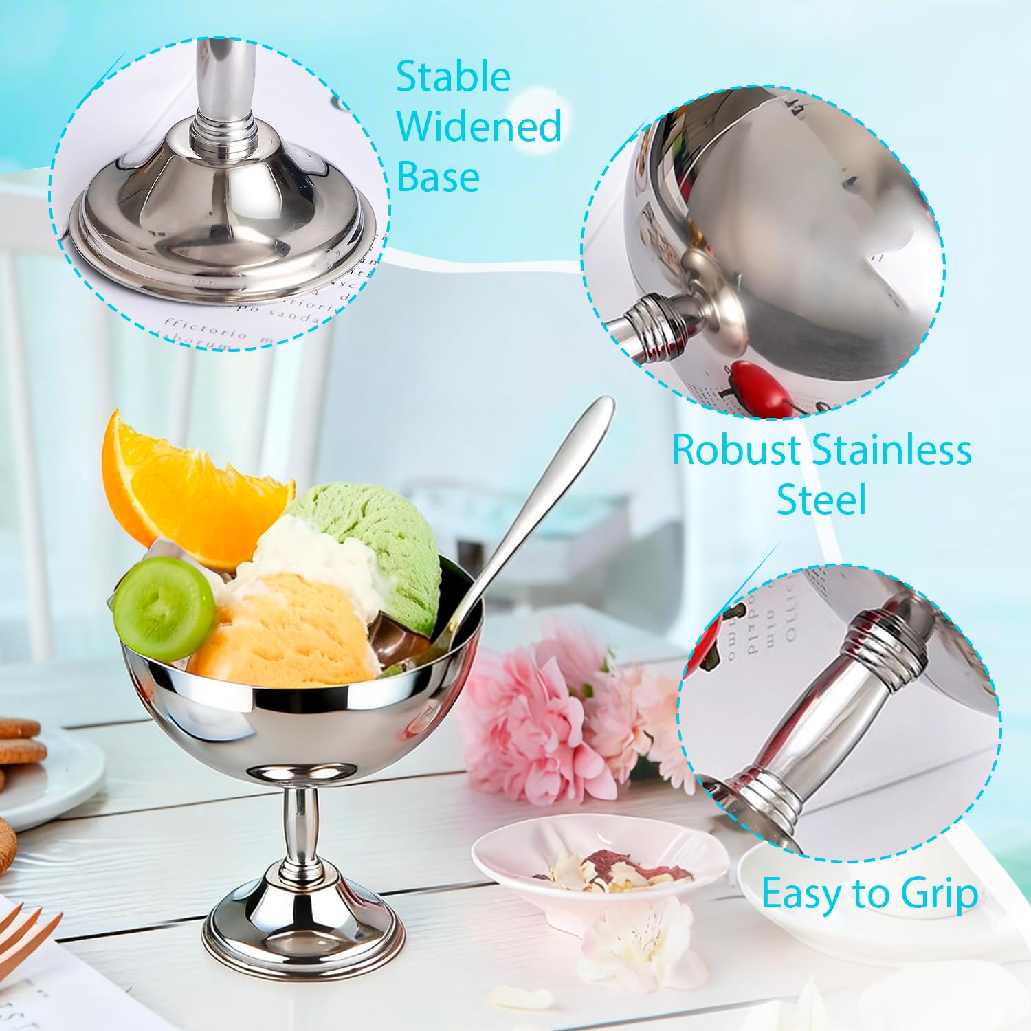 Tissting 8 ciotole per gelato, 270 ml, in acciaio inox, riutilizzabili, con base argentata, con cucchiaio o forchetta, per dessert, yogurt congelato, gelato, decorazioni per feste di compleanno