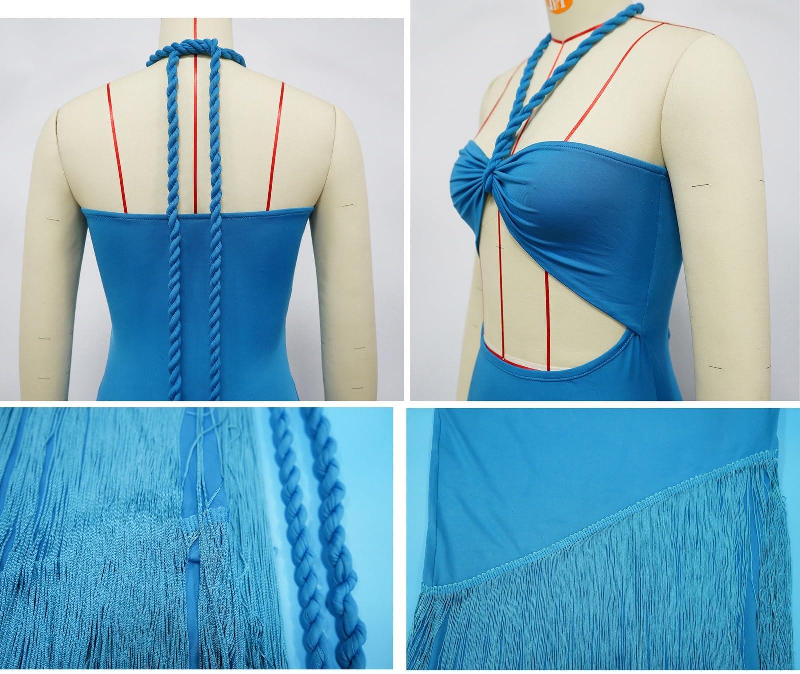 Generico Abito Lungo a Fascia Senza Spalline da Donna Allacciatura Frontale con Dettagli Cut-out e Orlo con Nappe