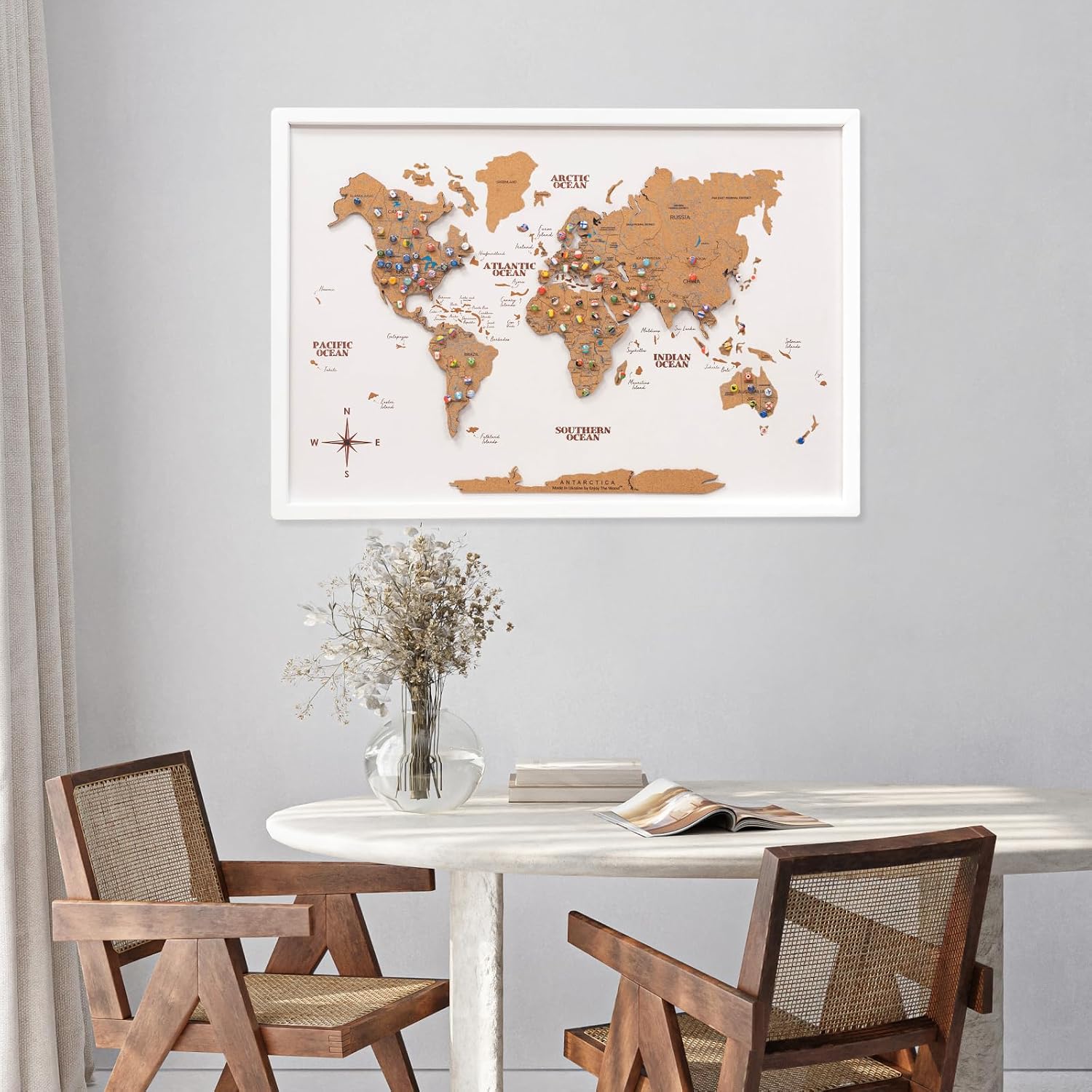 Enjoy The Wood Framed World Map Wall Art Wood Travel Decor 3D World Map On Board Wall Rustic Decoration Housewarming Gift (Board, Cork, Medium)