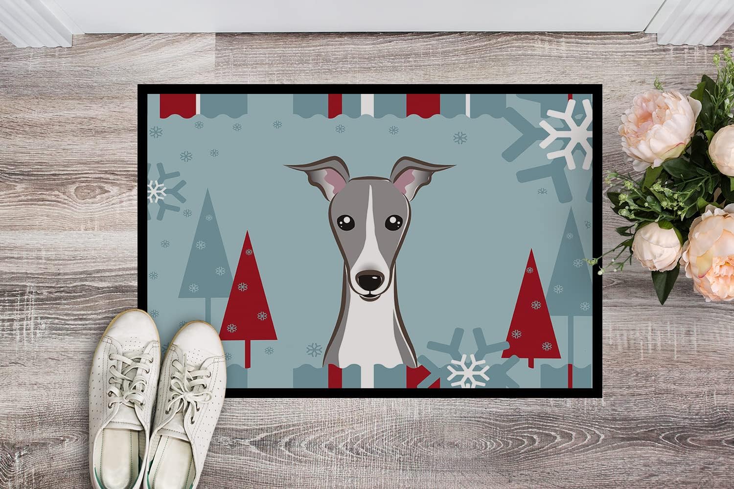 Caroline's Treasures BB1732MAT Winter Holiday Italian Greyhound Doormat 18x27 Front Door Mat Indoor Outdoor Rugs for Entryway, Non Slip Washable Low Pile, 18H X 27W