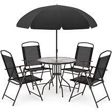 6-Piece Patio Dining Set for 4 with Umbrella Black | Outdoor Table and Chairs Set with 4 Folding Chairs, Round 31.5" Tempered Glass Table for Garden Backyard Poolside