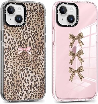 2 Pack Cute Cheetah Print Phone Case for iPhone 15 Pink Bow Case 6.1", Clear Coquette Fashion Luxury Leopard Pattern Design Girls Women Funda Shockproof Soft TPU Protection Cover