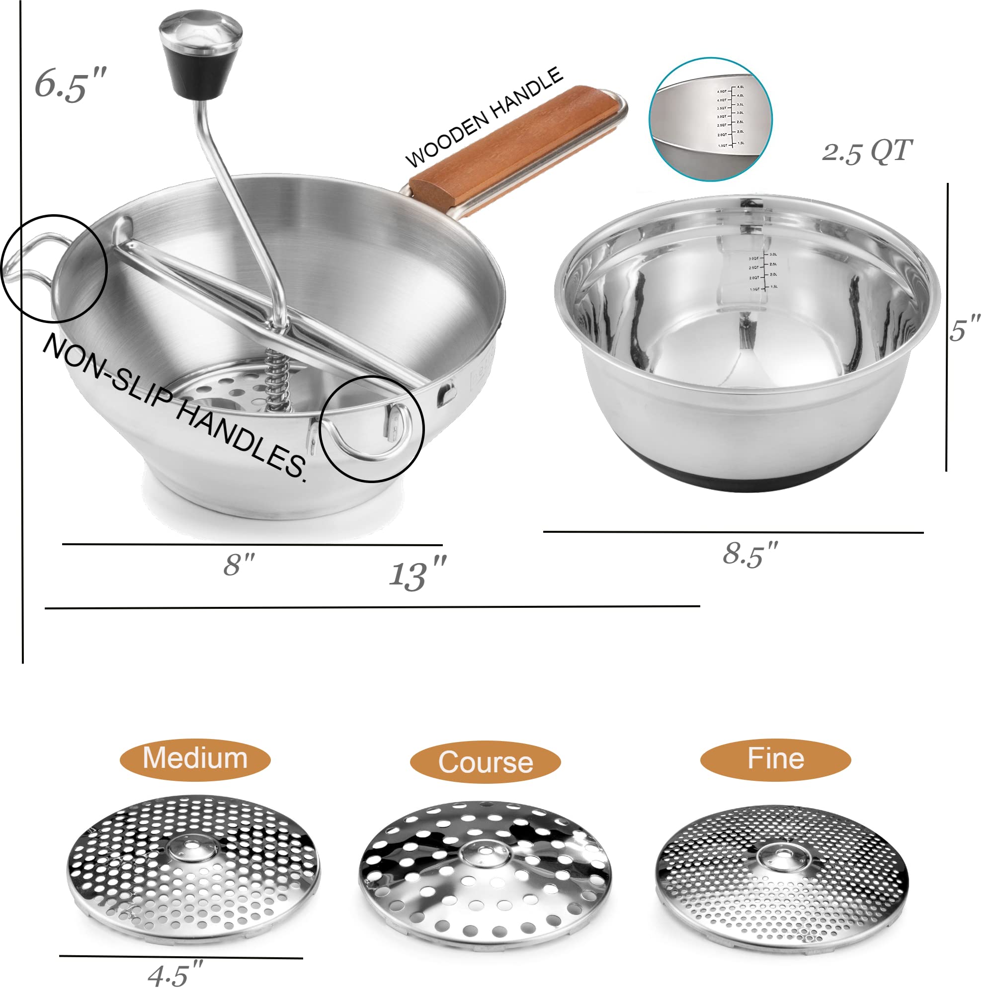 Lebensmittelmühle und Schüssel – 3 Lebensmittelmahlscheiben & Rührschüssel – Kartoffelpresse für Kartoffelpüree – Getreidemühle Handkurbel zum Maischen, Sieben & Reiben von Obst & Gemüse –