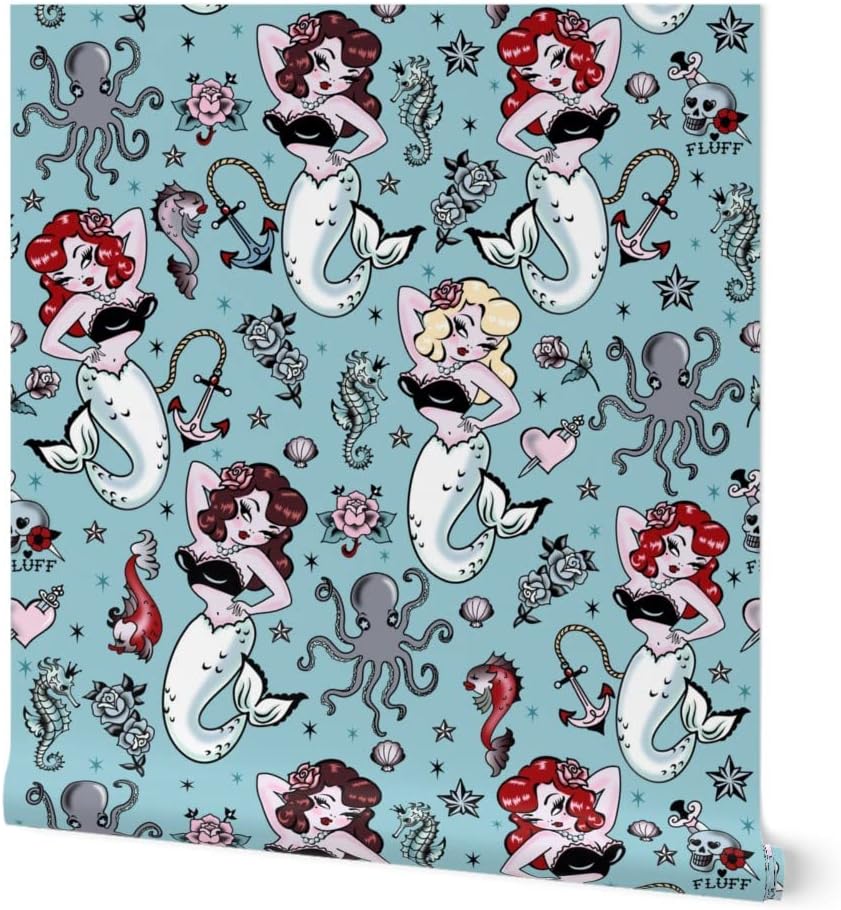 Removable Wallpaper 3ft x 2ft - Mermaid Vintage Retro Rockabilly Style Pinup Kawaii Mermaids Cute Custom Pre-Pasted Wallpaper by Spoonflower
