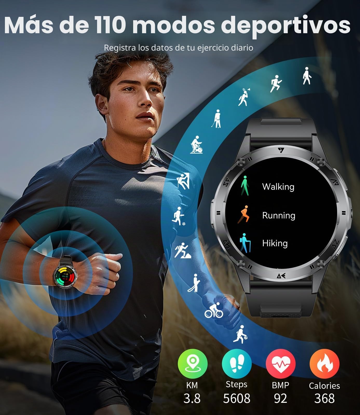 Reloj Inteligente Hombre, Llamadas Bluetooth, Pantalla AMOLED HD de 1,43", Linterna LED, 110+ Modos Deportivos, Monitor de Ritmo Cardíaco/Sueño/IP68, Compatible con Android iOS, Negro