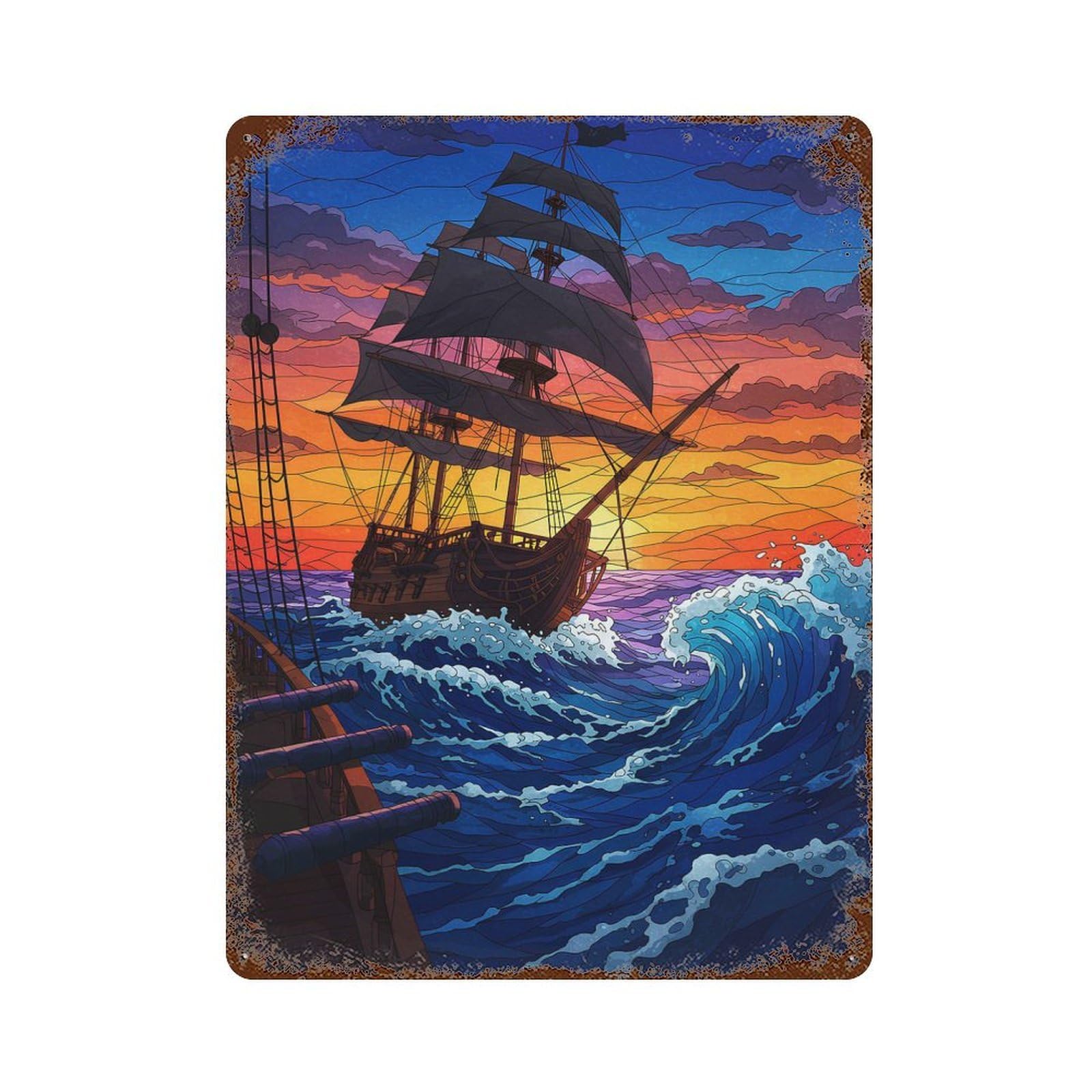 Pirate Ship at Sea Sunset Rust Effect Tin Sign 15.7"x11.8", Industrial Home Decor for Garage, Bar And Workshop Decor