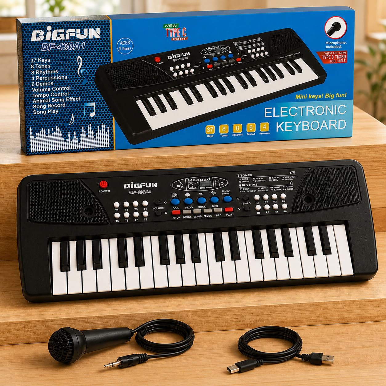 BigFun Kids Piano Keyboard with Mic (1 Year Warranty) | 37 Keys, 8 Rhythms, 8 Tones & 6 Demo Songs | Electronic Musical Toy for Boys & Girls Age 2-9 | Educational & Recording Musical Toy