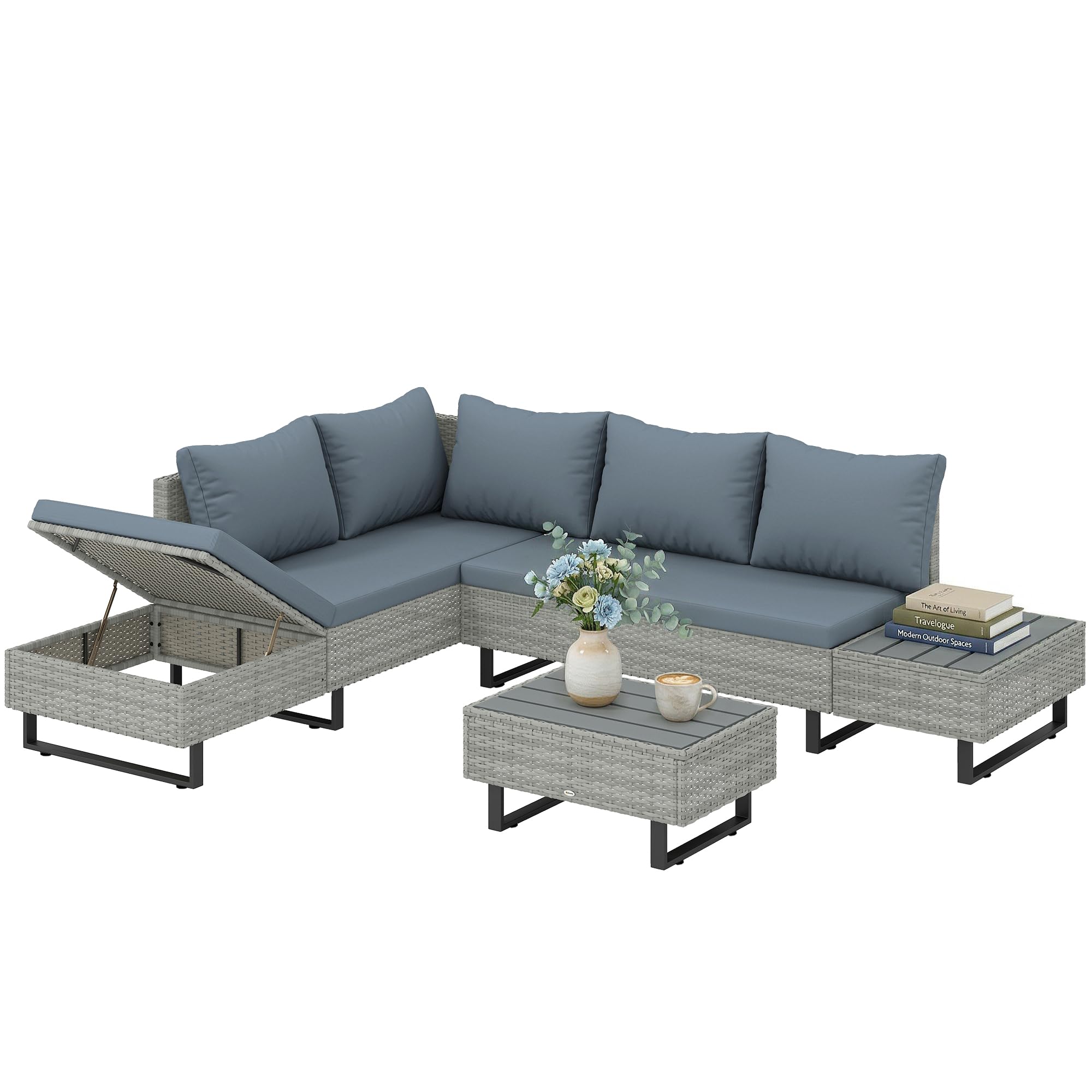 Outsunny Salon de Jardin d'angle 5 Places en Résine Tressée Canapé Extérieur Modulable avec Méridienne Ajustable Ensemble Mobilier de Terrasse avec Table Composite Gris