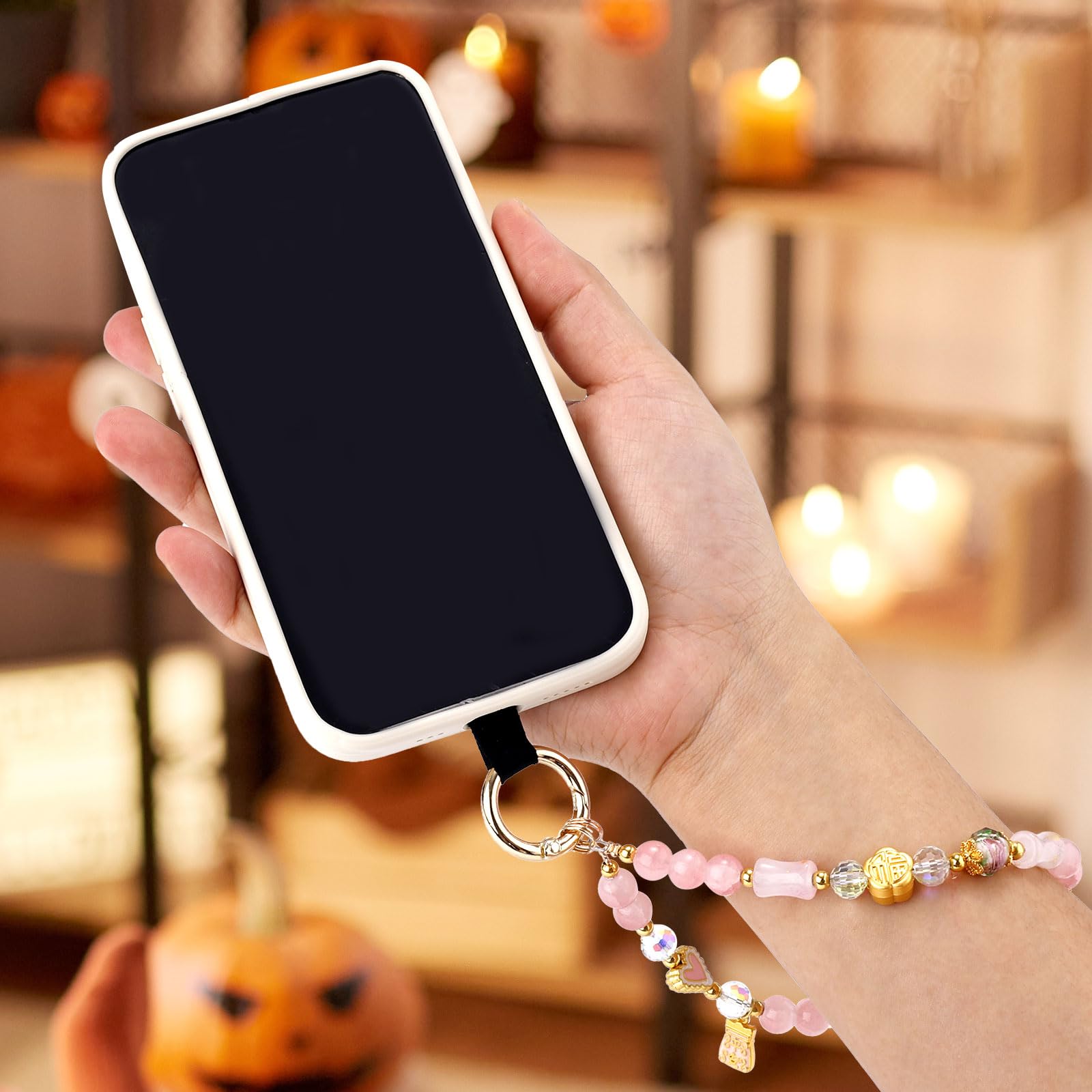 Pasek z Zawieszkami do Telefonu, Rózowy Koralikowy Pasek na Nadgarstek Telefonu Zawieszki do Telefonów Komórkowych Krysztalowy Pasek na Bransoletke do Telefonu dla Dziewczynek i Kobiet