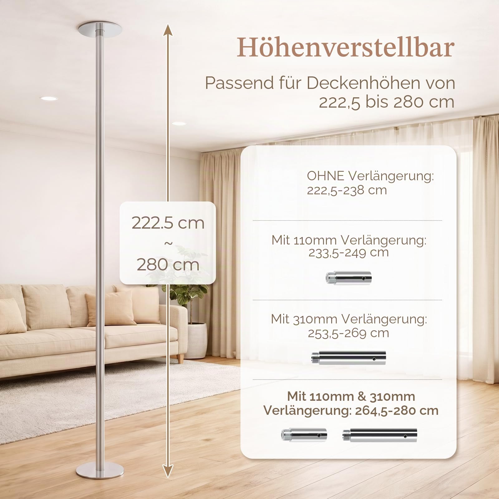 Leogreen Profi Tanzstange Pole Dance Stange, Statisch und schwenkbar, bis 200kg belastbar, Galvanisierter Chromstahl, für Fitnessübungen, Club, Party