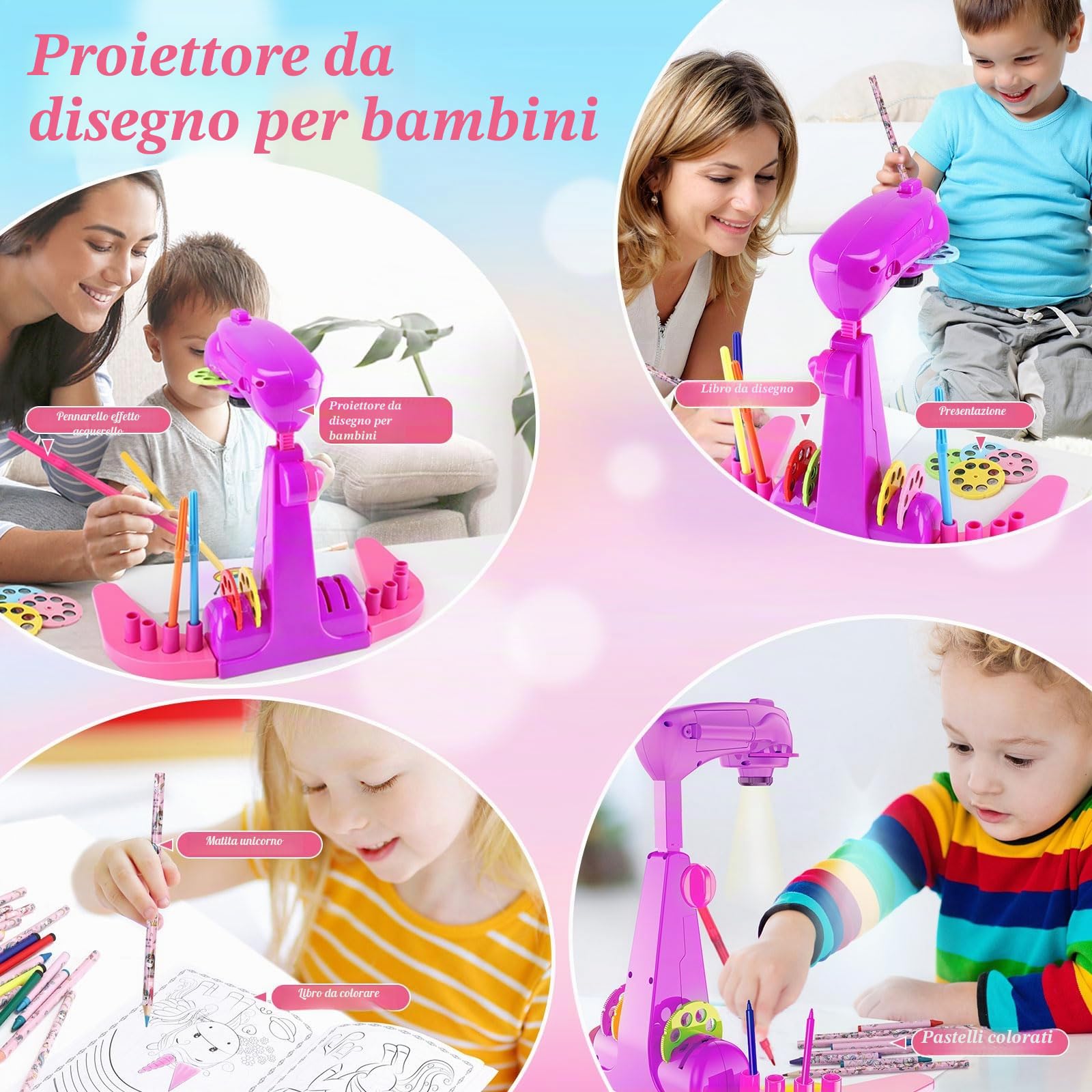 Viola Giocattoli Bambina Proiettore Disegno Bambini con 72 Motivi Regalo Bambina Giocattolo Proiettore per Bambini 3 4 5 6 anni Con Matita, Libro da Disegno, Libro da Colorare, Righello