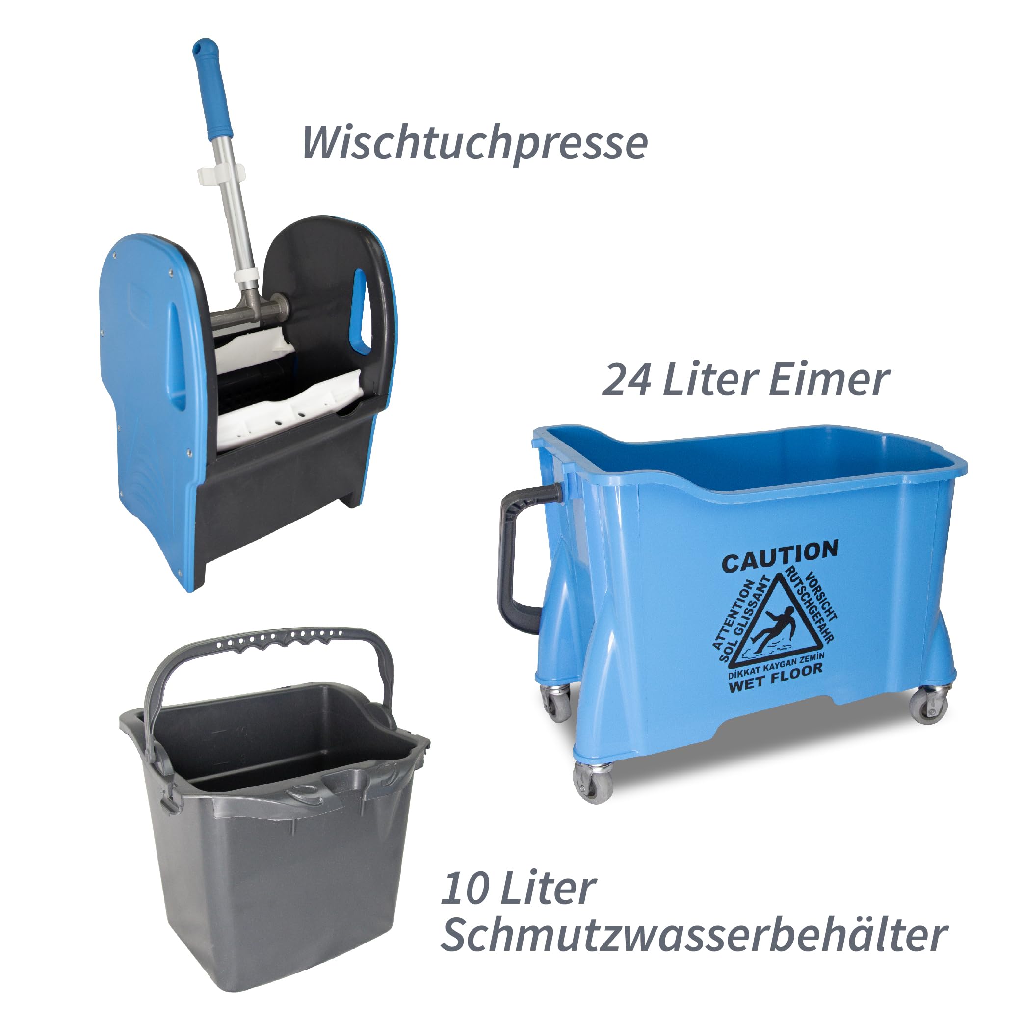 Einfachfahrwagen GIV 7, Fahrwagen mit 24 Liter Eimer, inkl. 10 Liter Schmutzwasserbehälter, Putzwagen mit Wischmopp Presse, Reinigungswagen für Gebäudereinigung