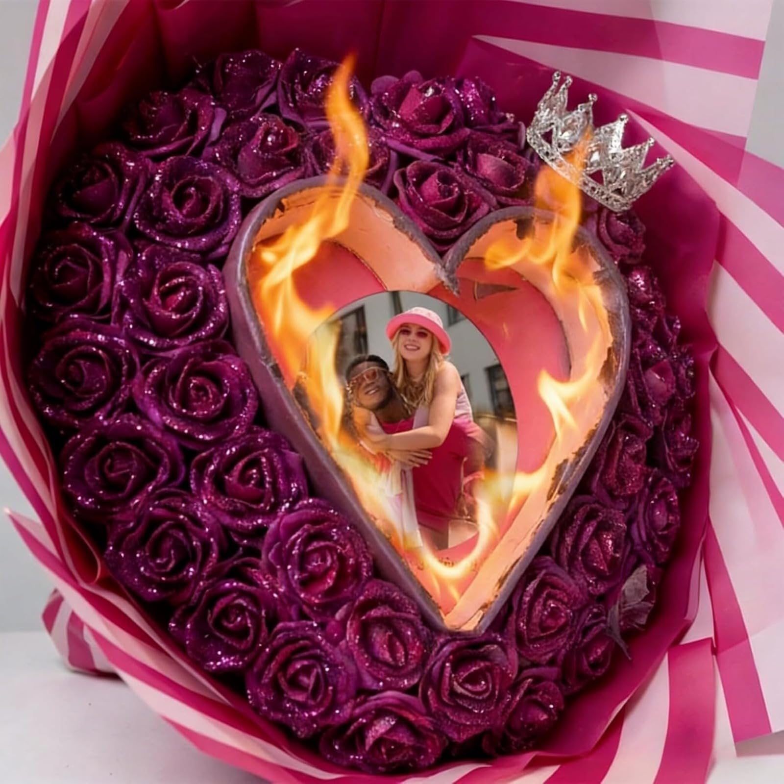 Burn Glitter Roses Bouquet Custom Roses Bouquet,Will You Be My Girlfriend,Personalized Fake Flowers Bouquet with Photo,Rose Gift for Wedding Anniversary Valentine's Day Birthday Graduation (24flower)