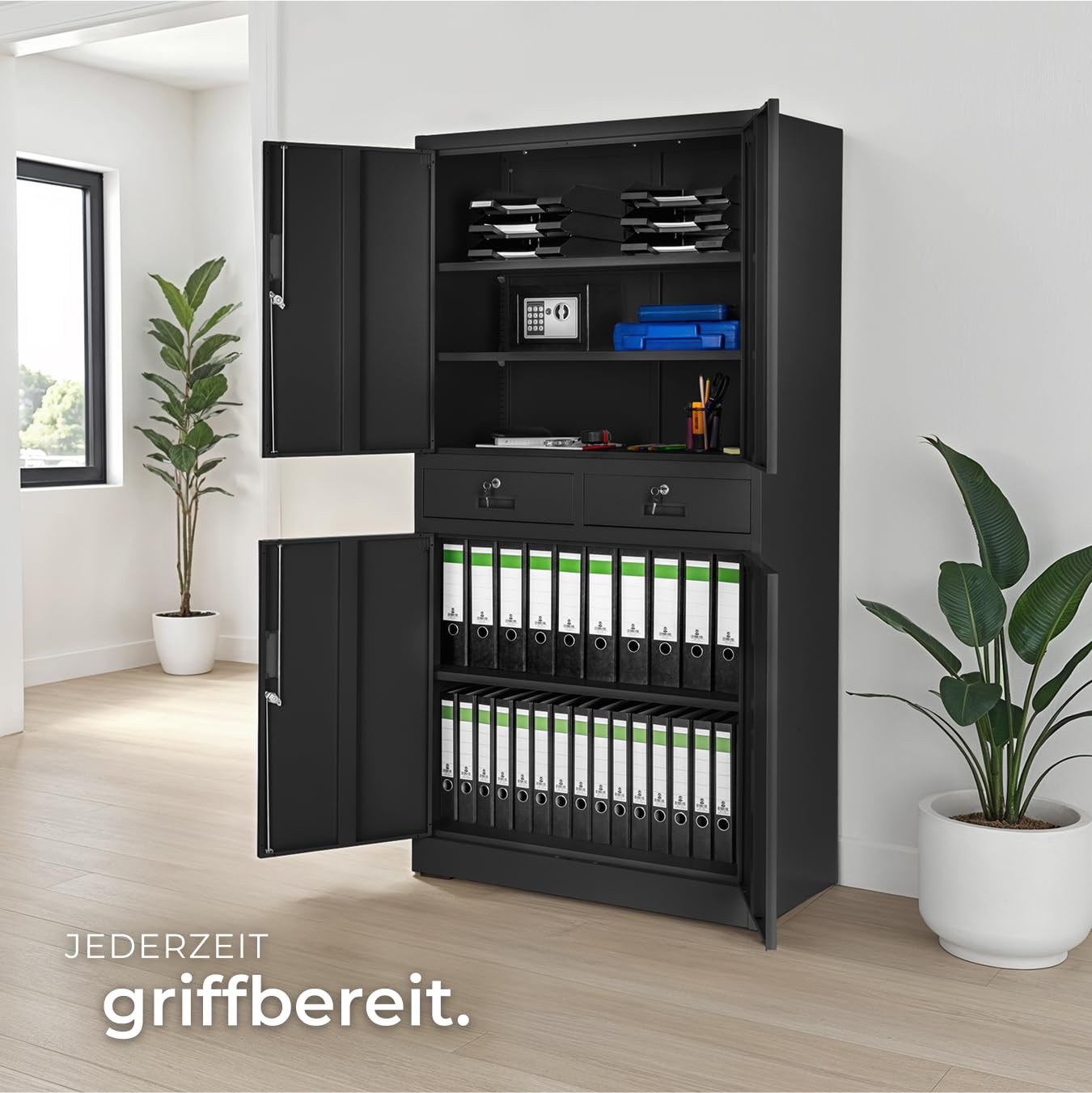 tectake® Aktenschrank, Mehrzweckschrank aus Stahl, Allzweckschrank, Aktenschrank abschließbar, 2 Schrankabteilen, 2 Schubladen, Türen und Schloss, Büroschrank, Werkzeugschrank, 180x80x40cm - schwarz