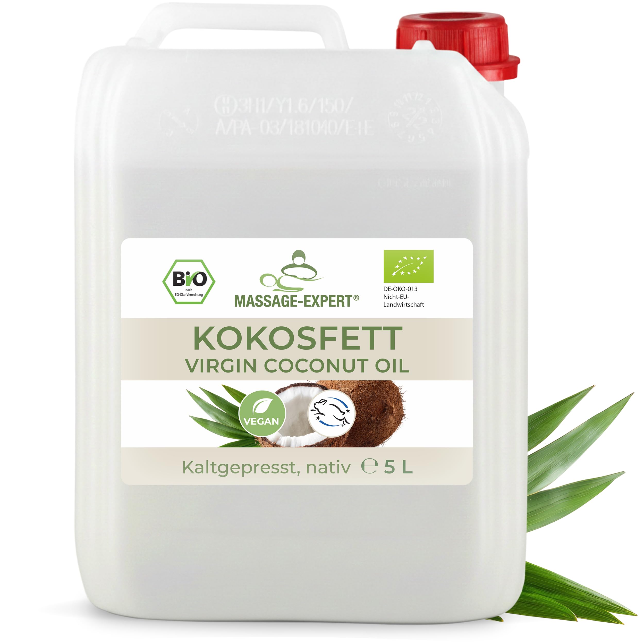 MASSAGE-EXPERT Bio Kokosöl Kaltgepresst/Virgin Coconut Oil (VCO), naturbelassen, vegan – für Küche, Massage, Ayurveda & Pflege (5 Liter HDPE-Kanister)