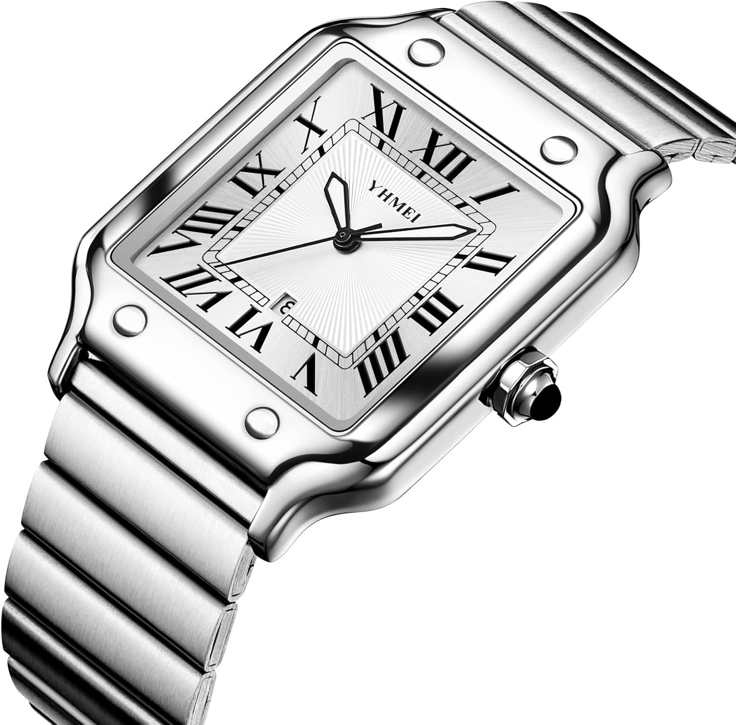 CARLIEN Unisex Classic Square Roman Numerals Silver Analog Waterproof Watches for Women Men Stainless Steel Strap Date Display Casual Wristwatch
