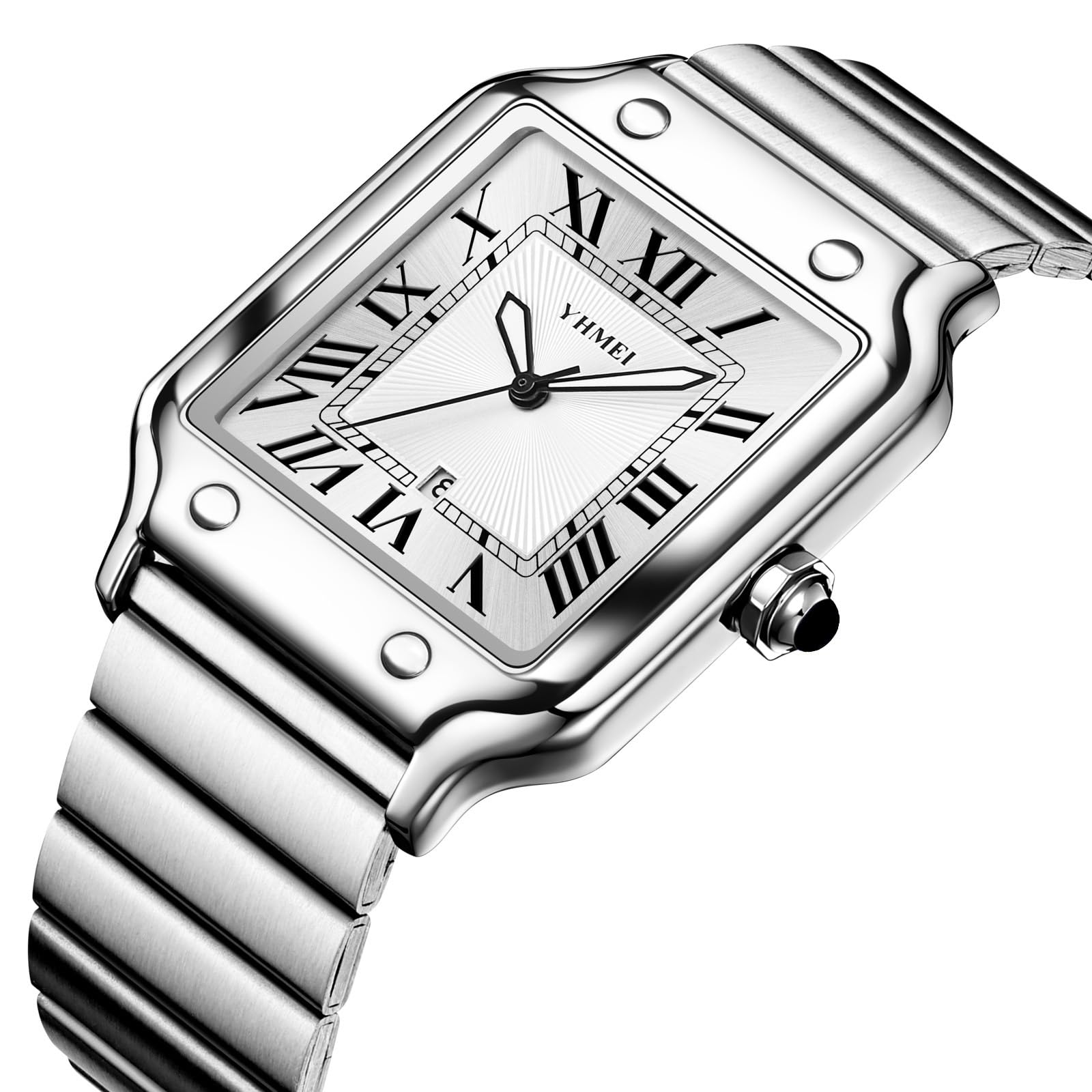 CARLIEN Orologio da polso unisex, classico, quadrato, numeri romani, argento, analogico, impermeabile, cinturino in acciaio inox, visualizzazione della data, orologio da polso casual