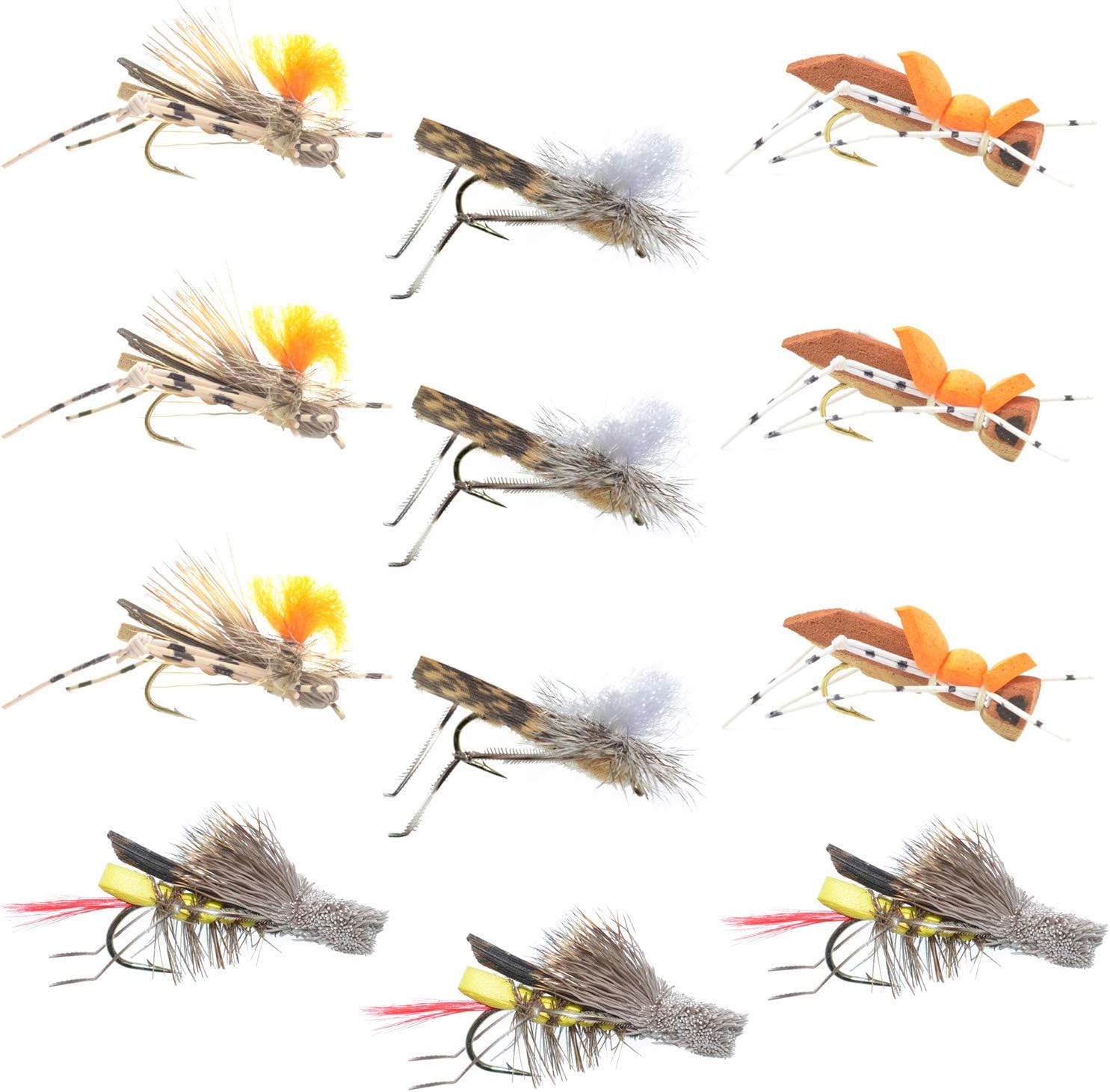 The Fly Fishing Place Trout Fly Assortment - Four Best Grasshopper Dry Fly Fishing Flies Collection - 1 Dozen Flies - 4 Hopper Fly Patterns