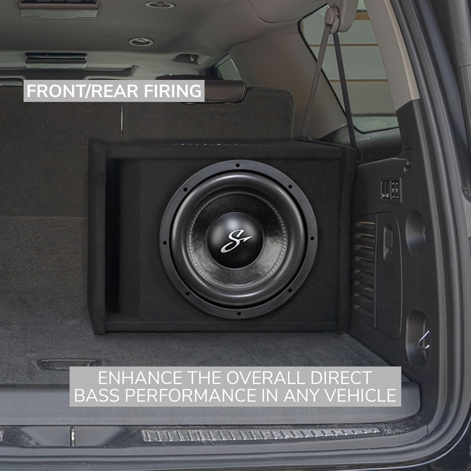 Subwoofer in front/rear firing position in a vehicle trunk