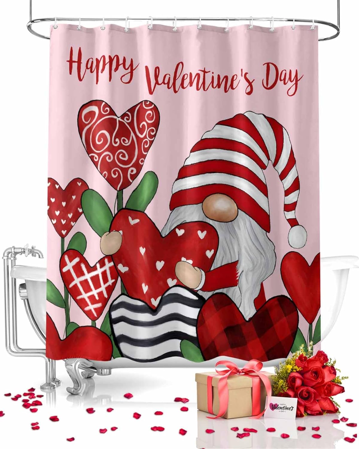Happy Valentines Day Shower Curtains for Bathroom Gnomes Fabric Shower Curtain with Hooks, Hearts Flowers Shower Curtain Set, Romantic Bathroom Curtains Decoration, Waterproof Polyester, 54"x78" Long