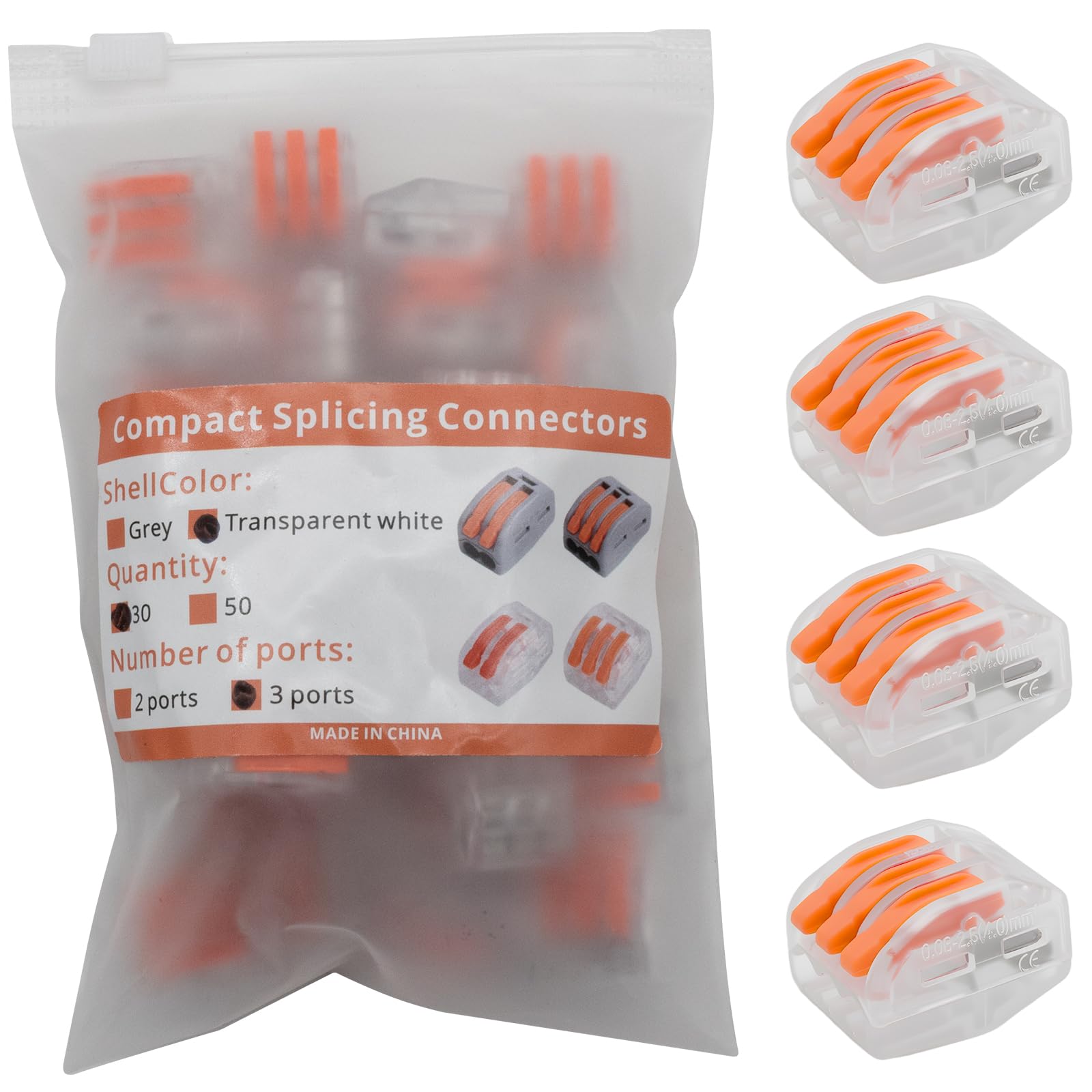 YQSIYU Wire Splice Connectors, 28-12AWG Lever Wire Connectors 3 Port, Lever Lock Wire Connectors with Transparent White Shell and Orange Handle, 30