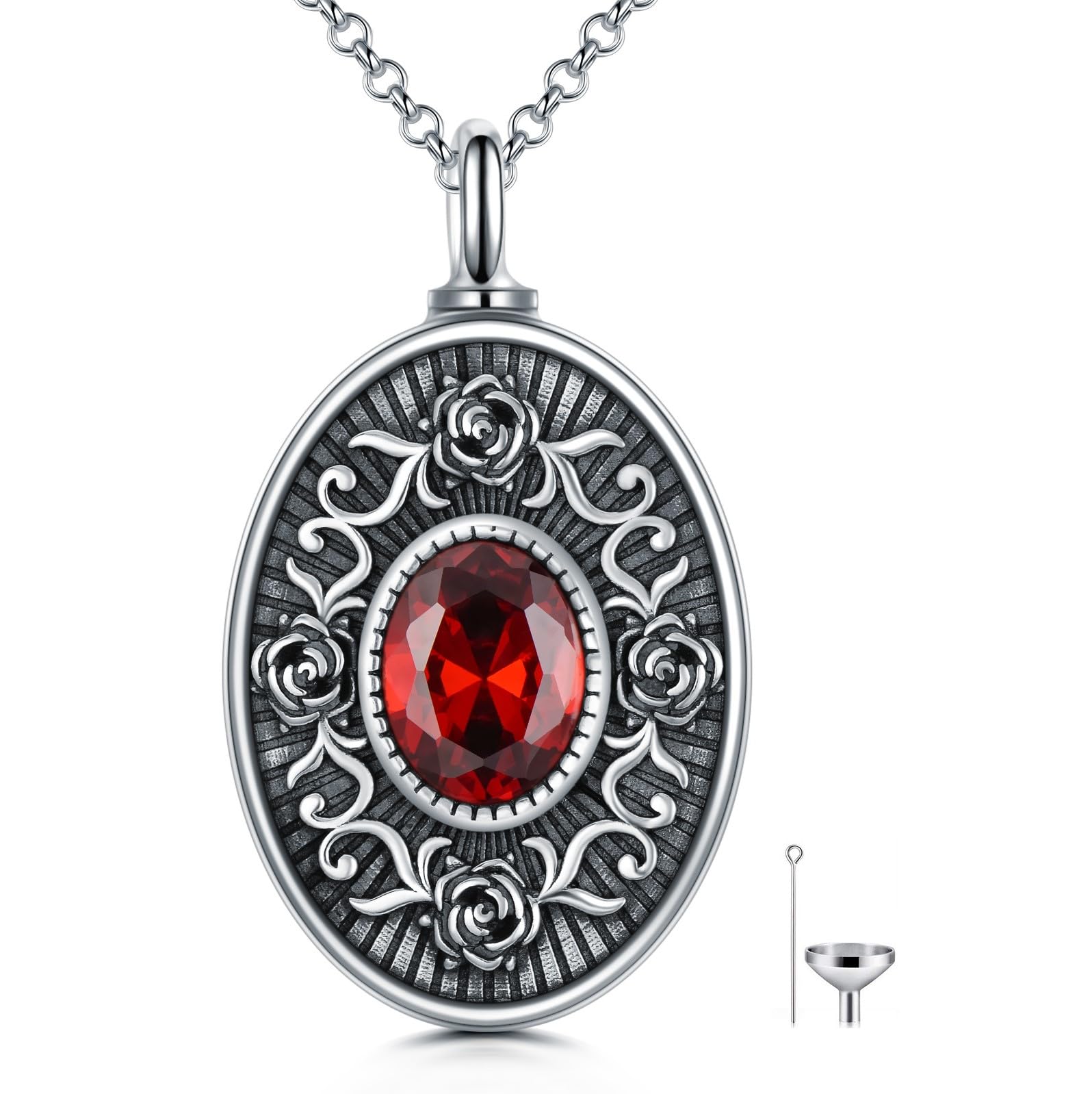 PELOVNY Collana da donna con medaglione ovale in argento Sterling 925 con granato simulato rosa rossa, per ceneri di una persona cara, gioiello commemorativo per mamma e lei