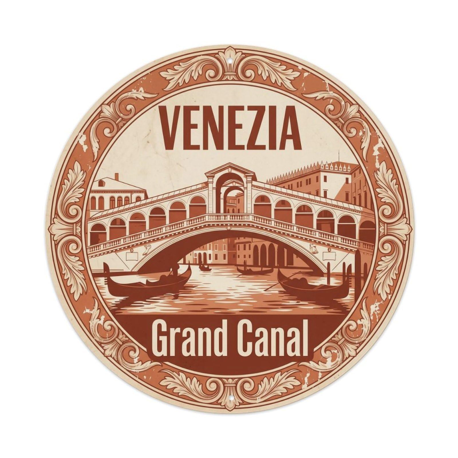 Vintage Travel Bridge Venice Canal Metal Tin Sign Plaque Wall Decor for Cafe, Club, Garden Round Metal Poster 8x8Inch