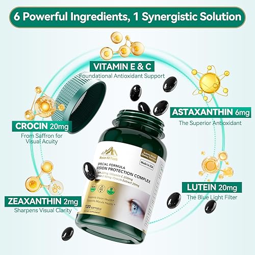 Miniatura 3 de Suplementos de luteína y zeaxantina - Complejo de protección visual 6 en 1 con luteína de 20 mg, zeaxantina, astaxantina, Crocina, vitamina C y E,