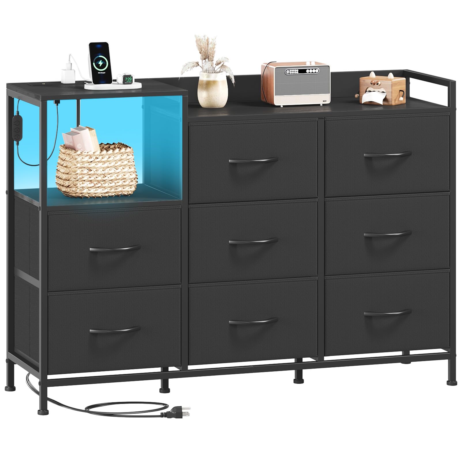Somdot Dresser with Charging Station and Open Shelves,Dresser for Bedroom with 8 Storage Drawers,Storage Cabinets Organization Units for Living Room,