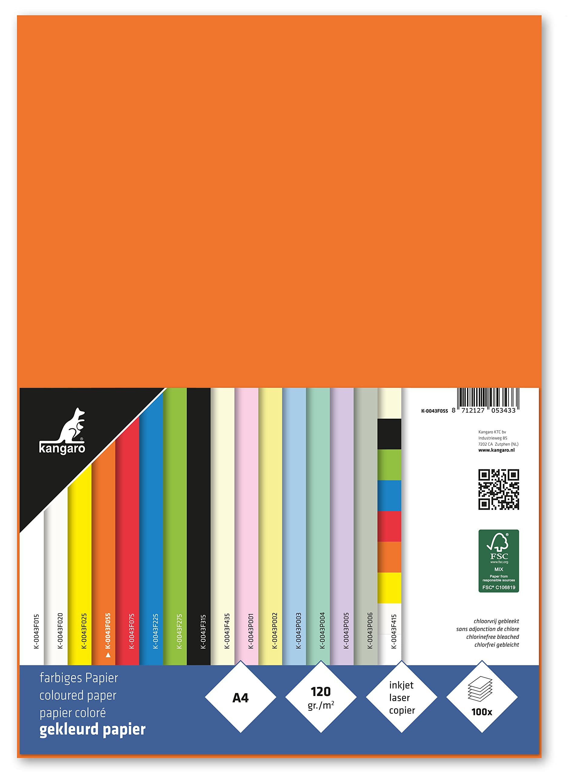 kangaro - Coloured Paper Orange DIN A4-120 g/m² FSC Mix 100 Pack - Stationery Craft Paper DIY K-0043F055 29.7 x 21 x 1.5