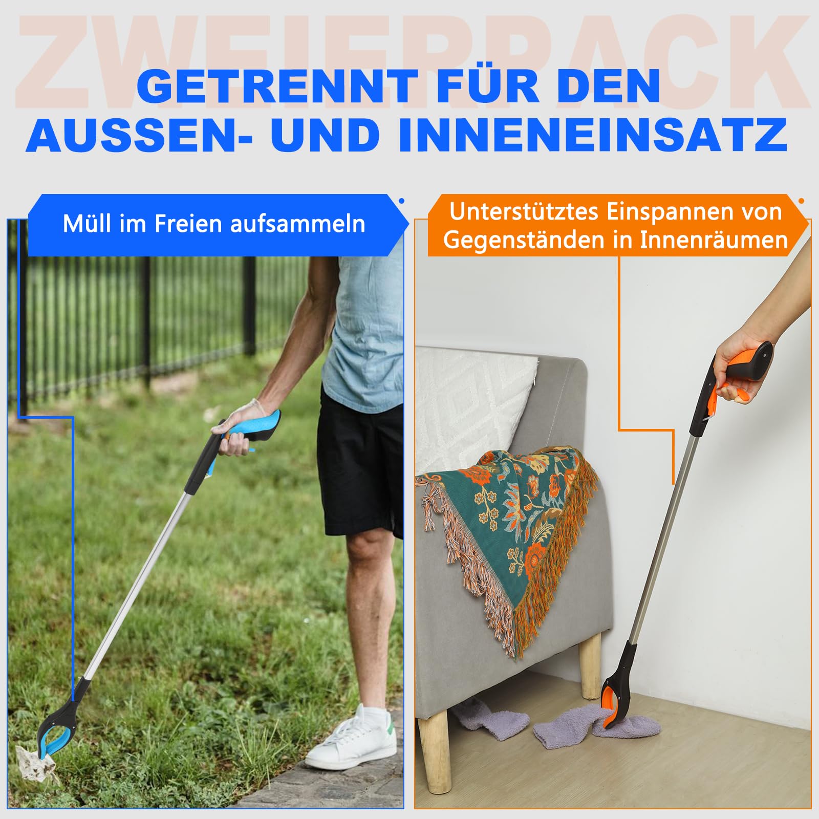 Angooni 2 Stück 81 cm Greifer für Senioren - Greifzange Müllzange - Drehbar Müllgreifer - Greifer Kinder - Verbesserter Langlebiger Greifzange für Müll