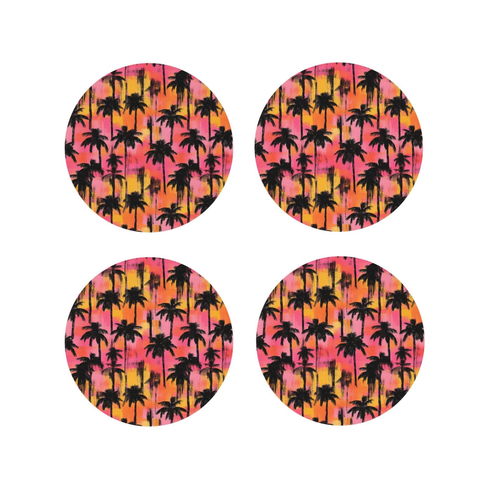 Leather Coasters Set of 4 - Tropical Landscape Silhouette Print Lightweight Drink Coasters for Desk