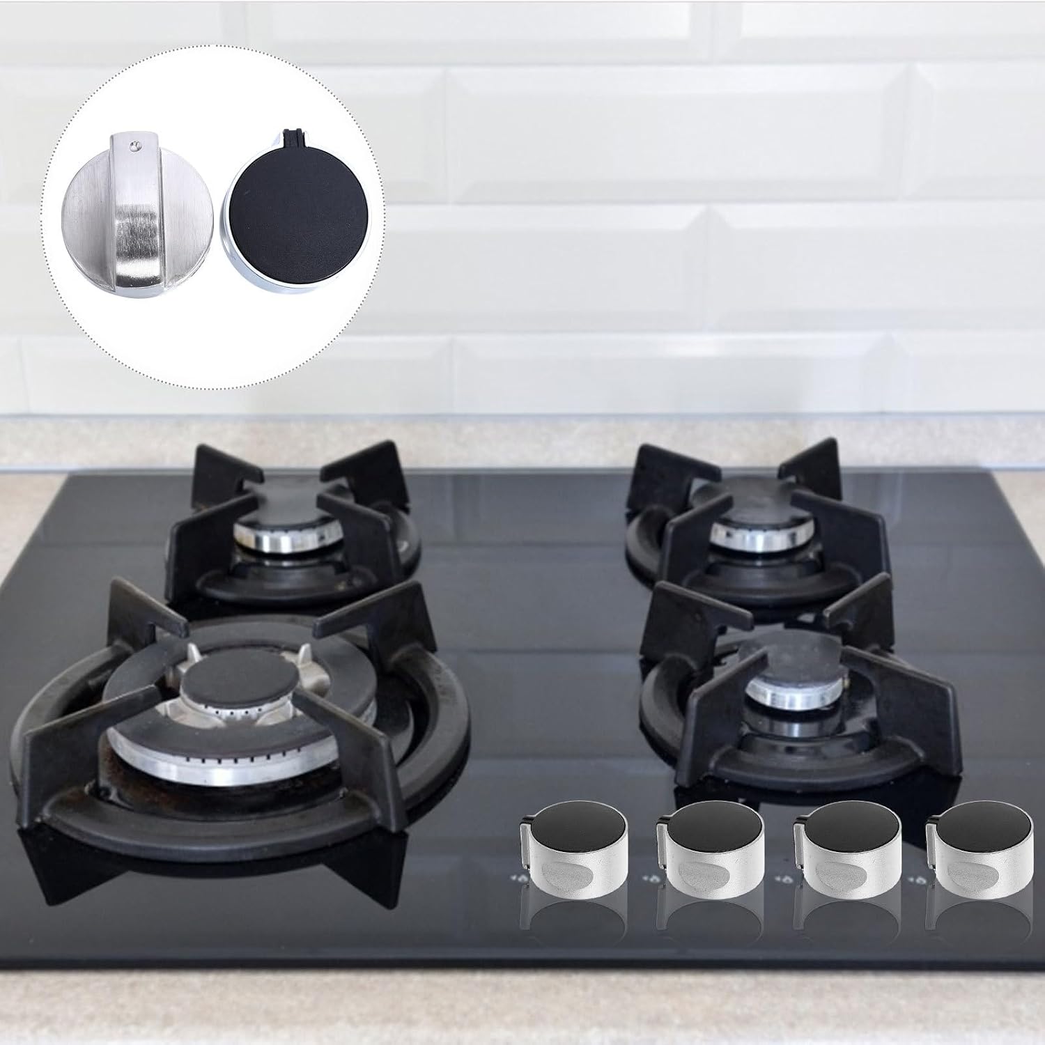 Holibanna 4pcs Gas Stove Burner Control Knobs Replacement, Zinc Alloy Metal Stove Knobs Set with Black and Silver, Universal Fit for Kitchen Cooktop Accessories