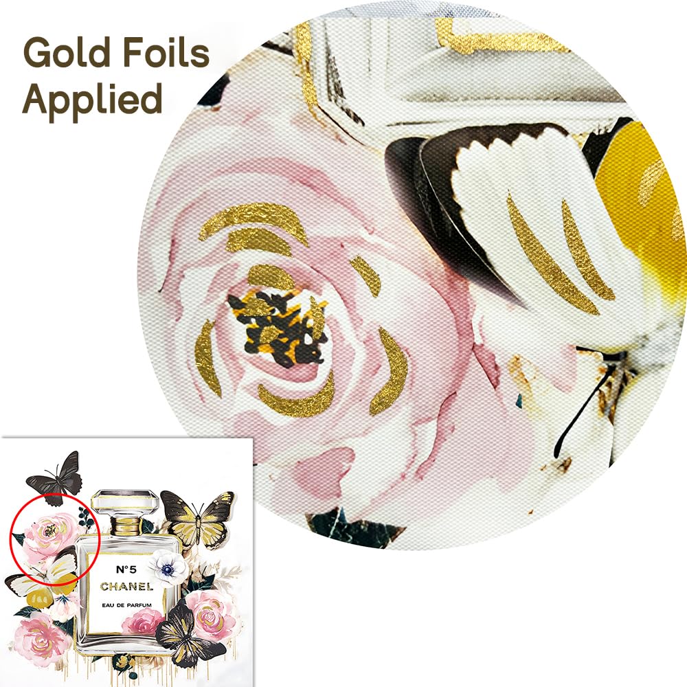 Dream Land Glam Perfume Bottle Wall Art: 20''x20'' Fashion Flowers Gold Butterfly Artwork for Makeup Room