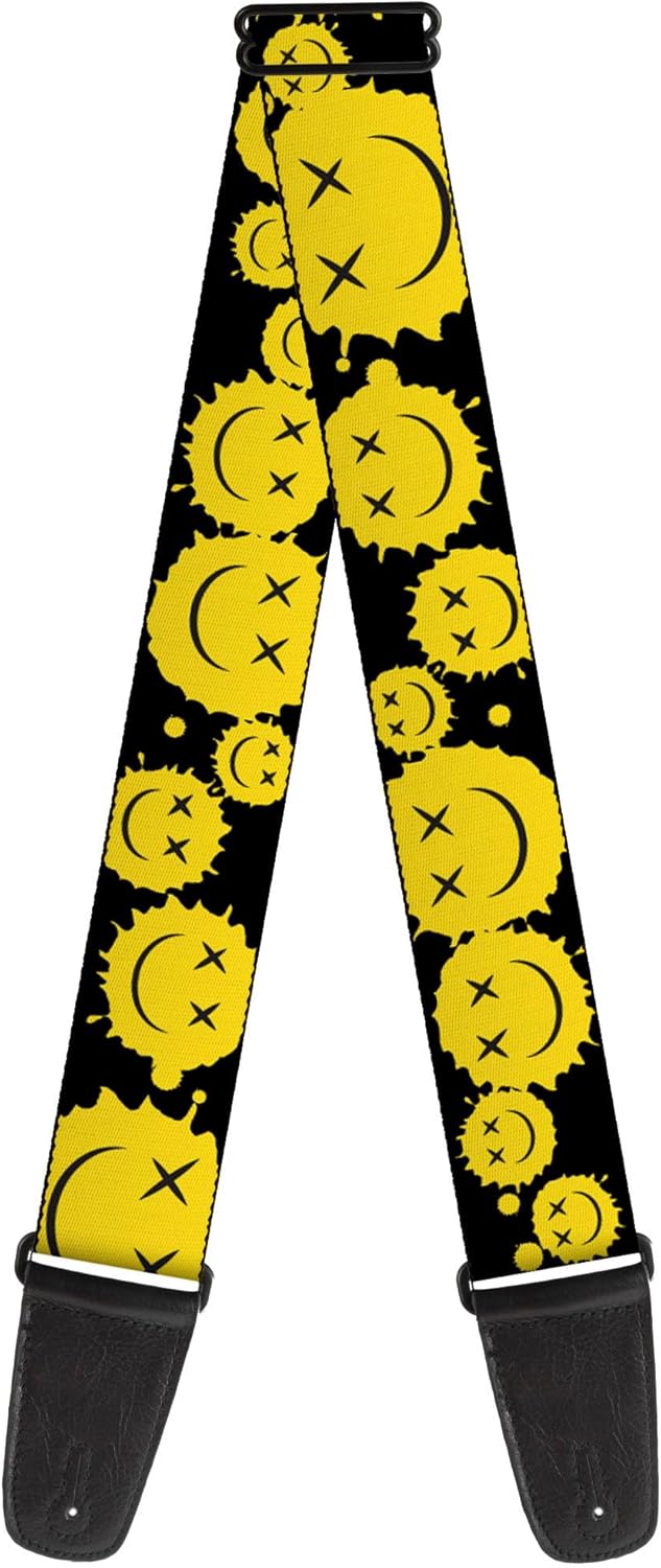 Buckle-Down Guitar Strap, Smiley Face Splatter Scattered Black Yellow, 2 Inches Wide