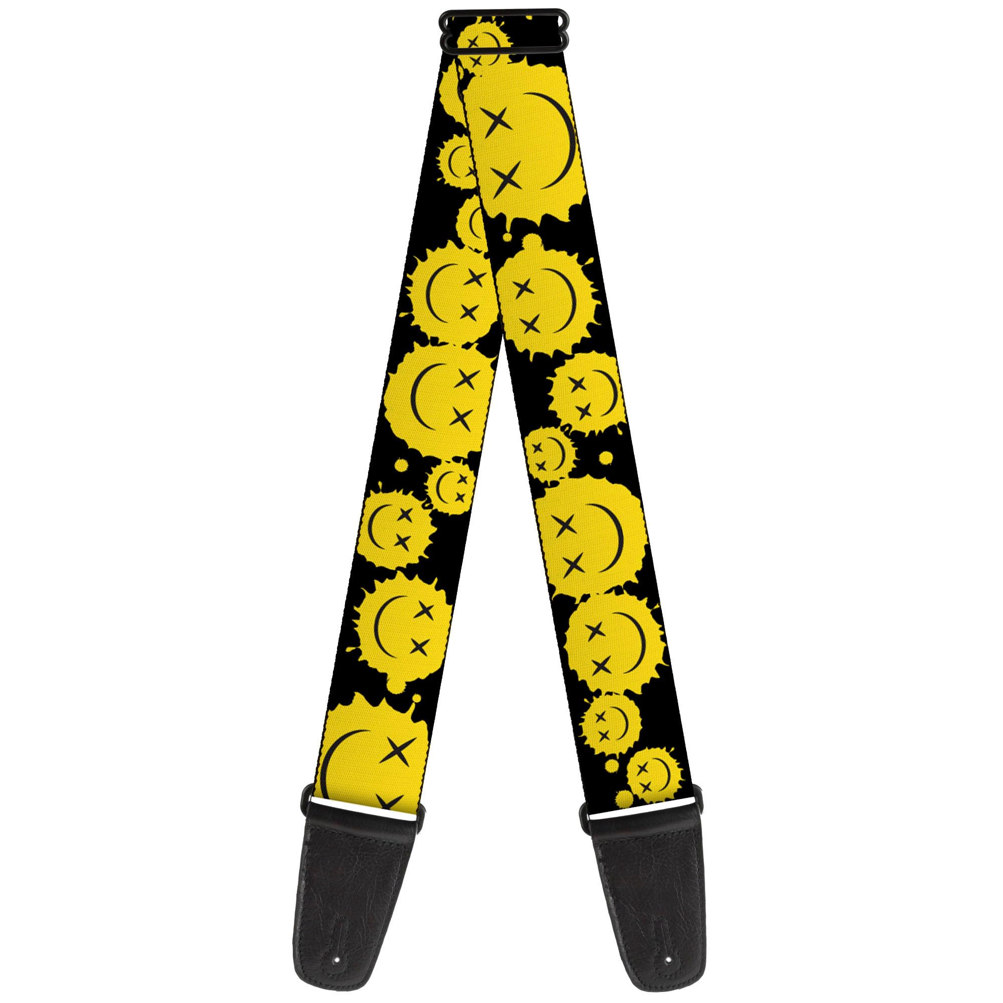 Buckle-Down Unisex Kids Yellow Guitar Strap, Smiley Face Splatter Scattered Black 2 Inches Wide, 2" Wide - 29-54" Length