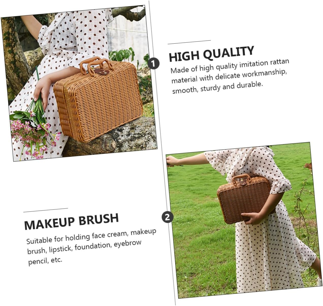 1pc Woven Cosmetics Organizer Case Portable Vintage Makeup Storage Box Handle Imitation Rattan Material for Home Decoration and Travel