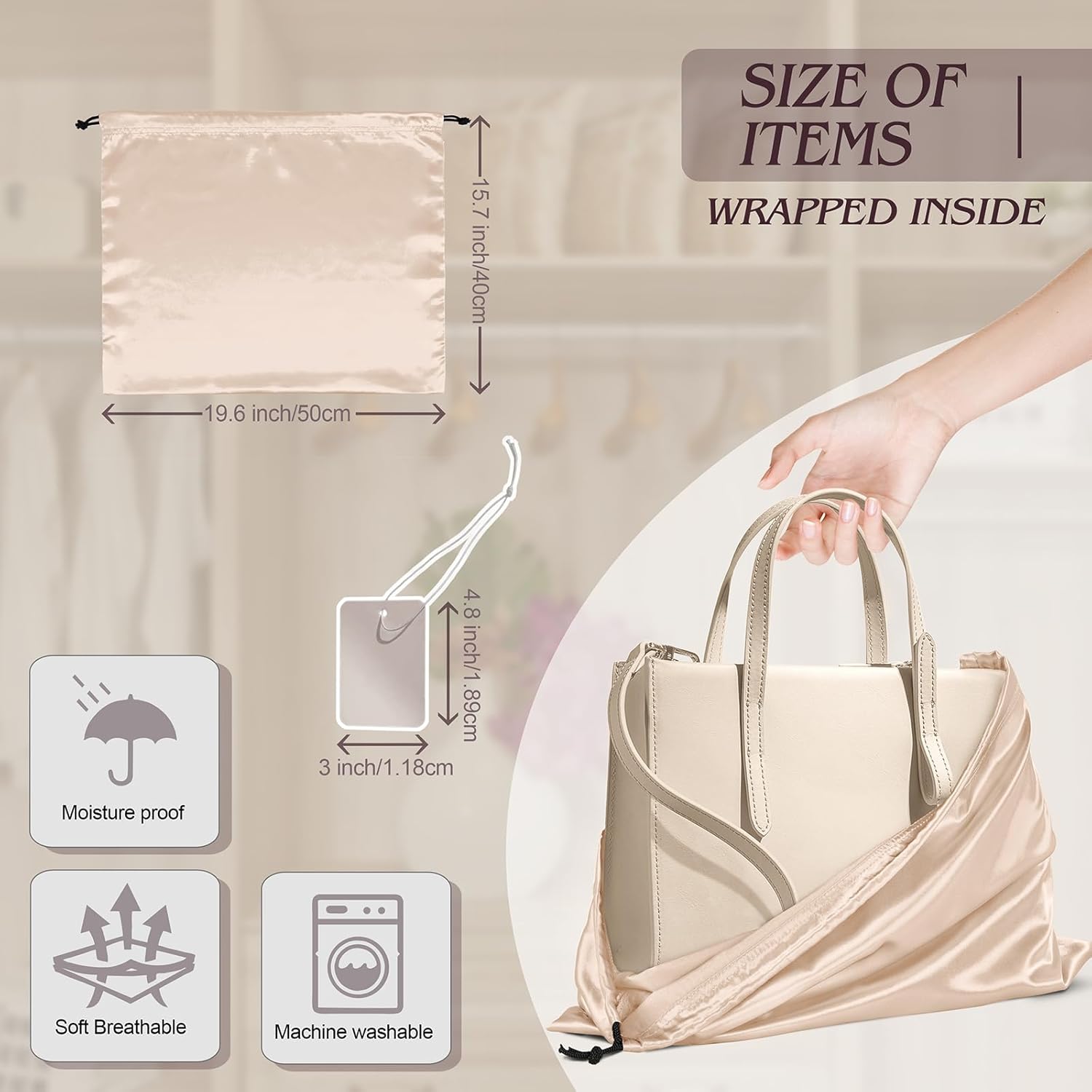 Manyshofu 7 Pack Satin Dust Bags for Handbags Storage, Silky Shoe Bag Beige Drawstring Bags for Shoes & Purses - Silk Dust Cover Bag Dustproof Protector Travel Storage Pouch(19.6 x 15.7) - Image 3
