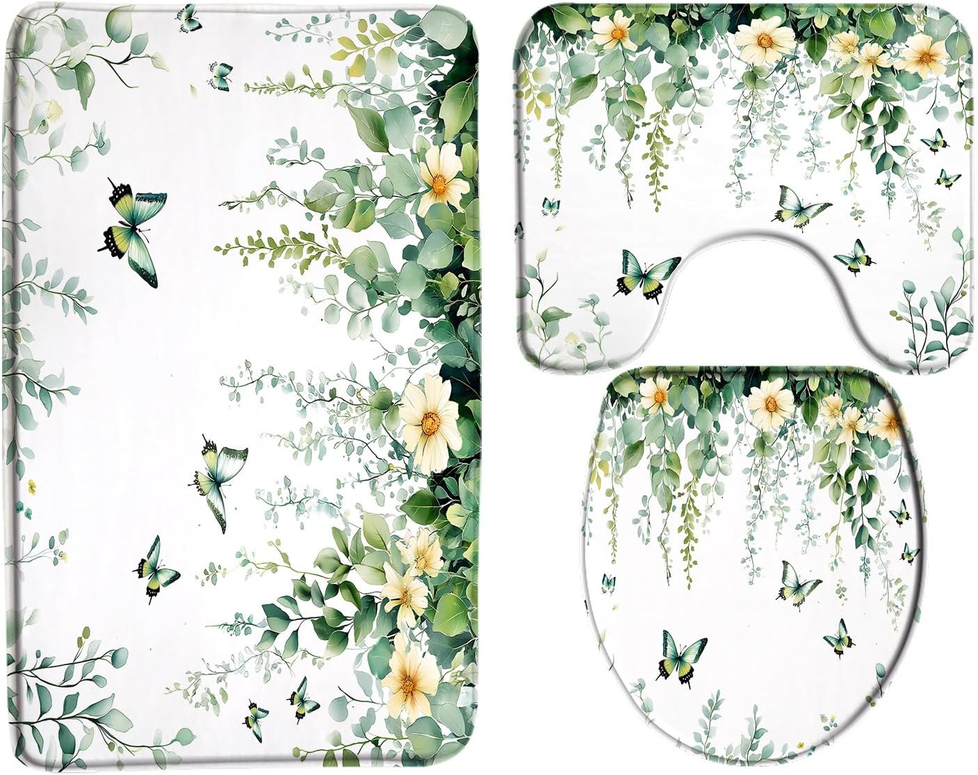 3PCS Green Leaves Bath Mat Set Eucalyptus Botanical Leaf Floral Butterfly Wildflower Modern Watercolor Rustic Flower Plant Spring Bathroom Bath Mat，U-Shaped Contour Rug and Toilet Lid Cover