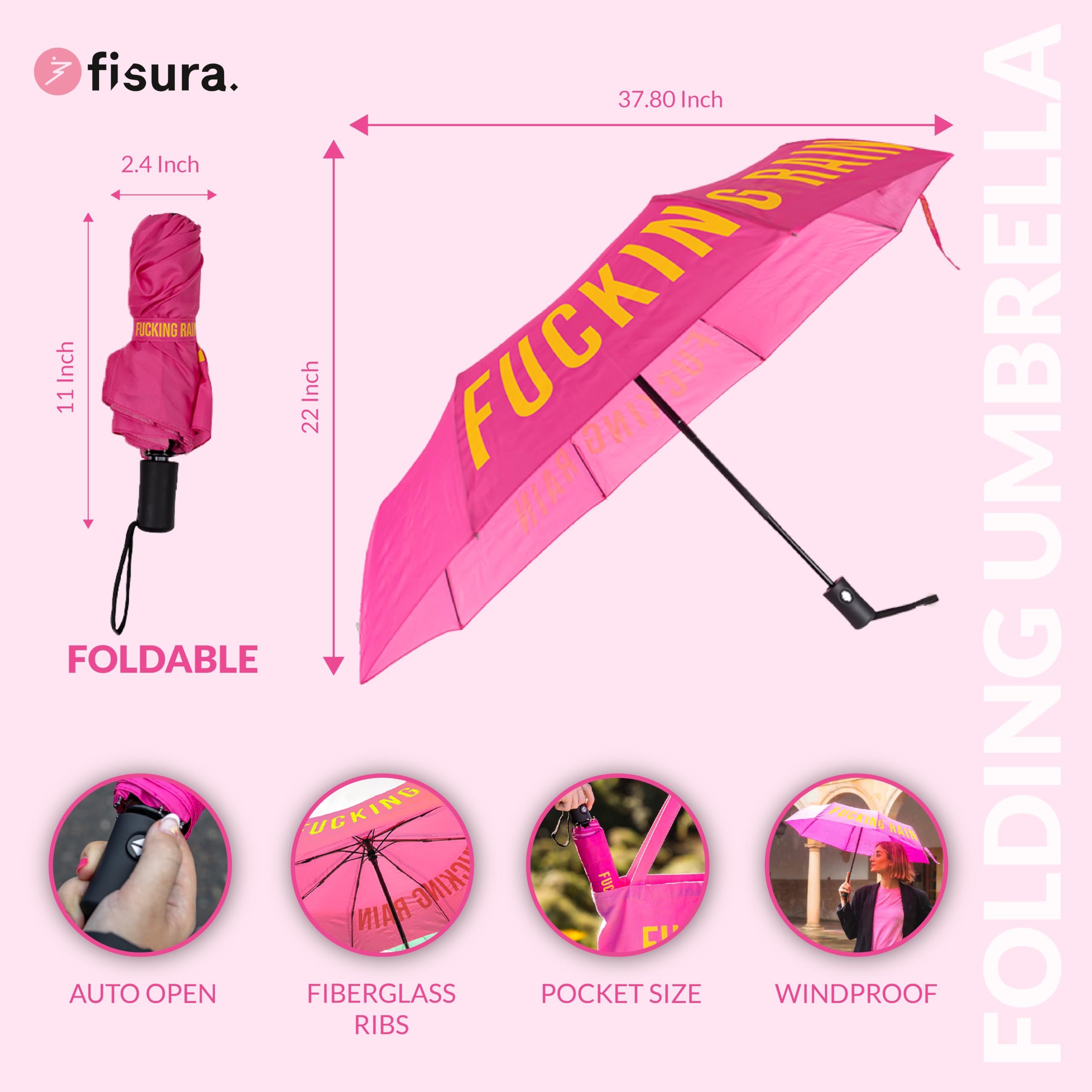 Fisura - Oryginalny składany parasol „f*cking rain”. Mini parasolka różowo-żółta. Mała parasolka damska. Automatyczny składany parasol. Parasol podróżny.