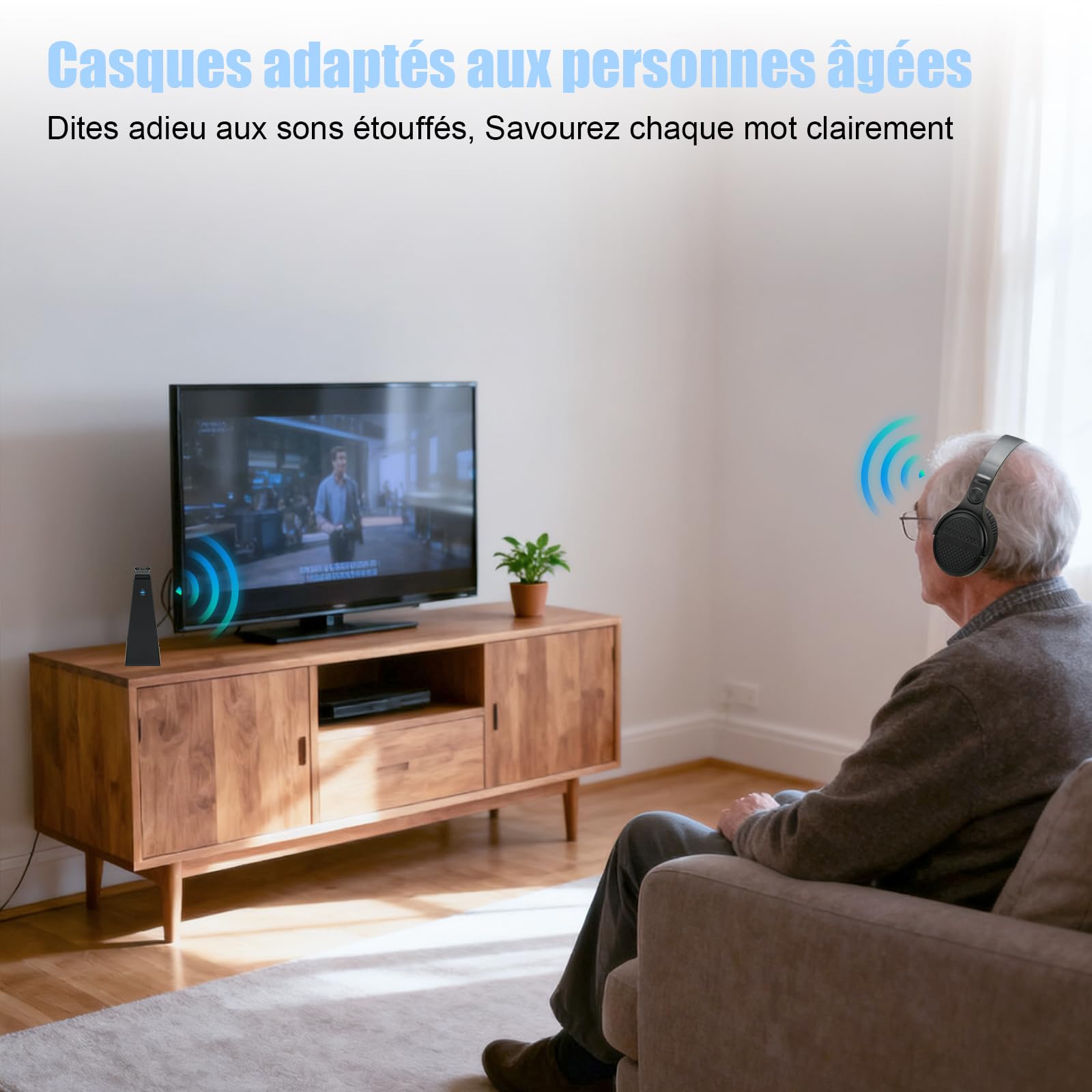 Casque TV sans Fil pour Seniors - Casques TV Bluetooth 5,3 & 2,4G Supra-Auriculaire avec Base d'émetteur Rechargeable (Optique/RCA/AUX), Grands Boutons, Son Hi-FI, 3EQ, Amélioration de la Voix