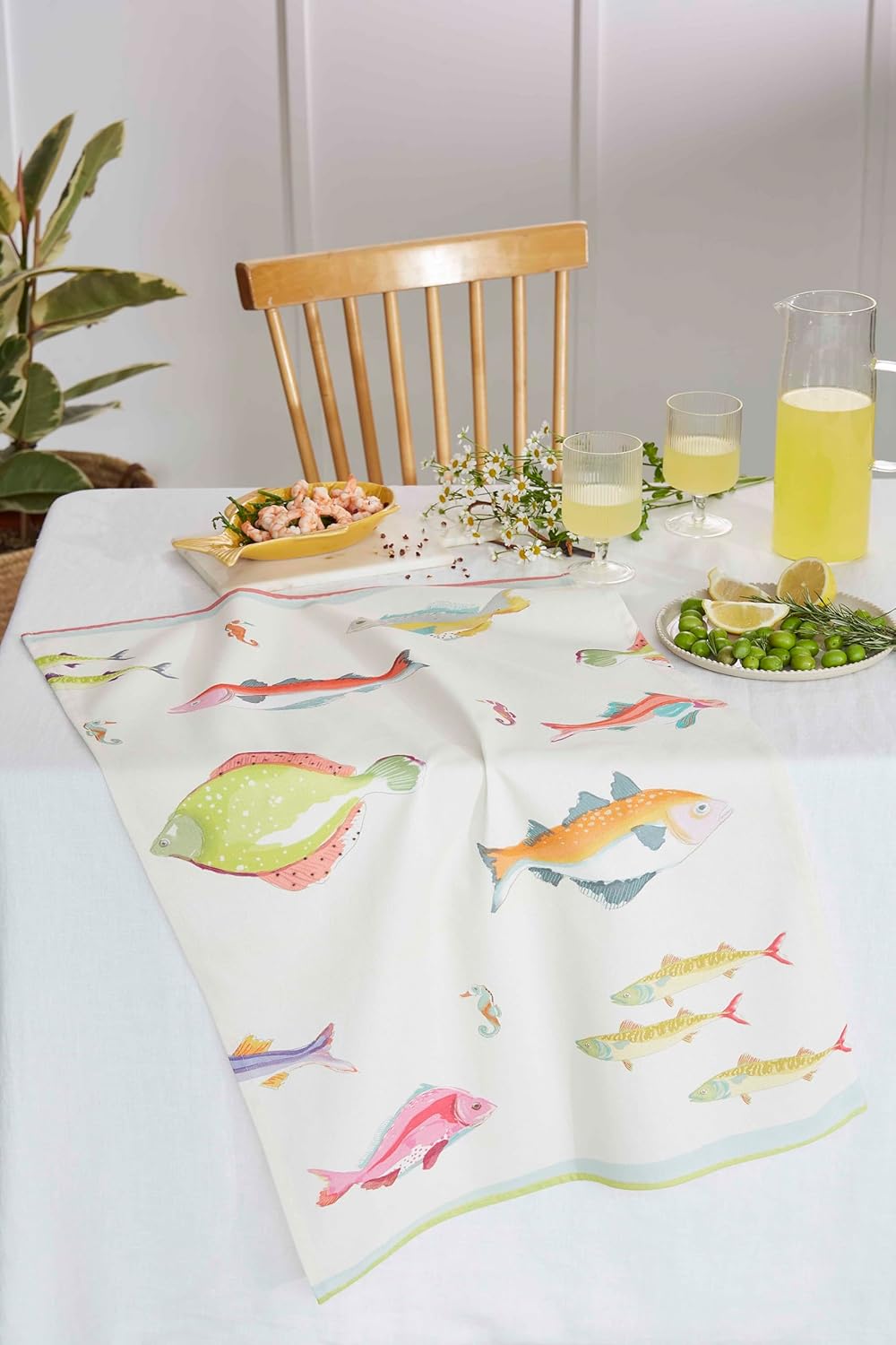 Coucke French Cotton Tea Towel with Schools of Fish Print, 20 x 30 Inches, 100% Cotton