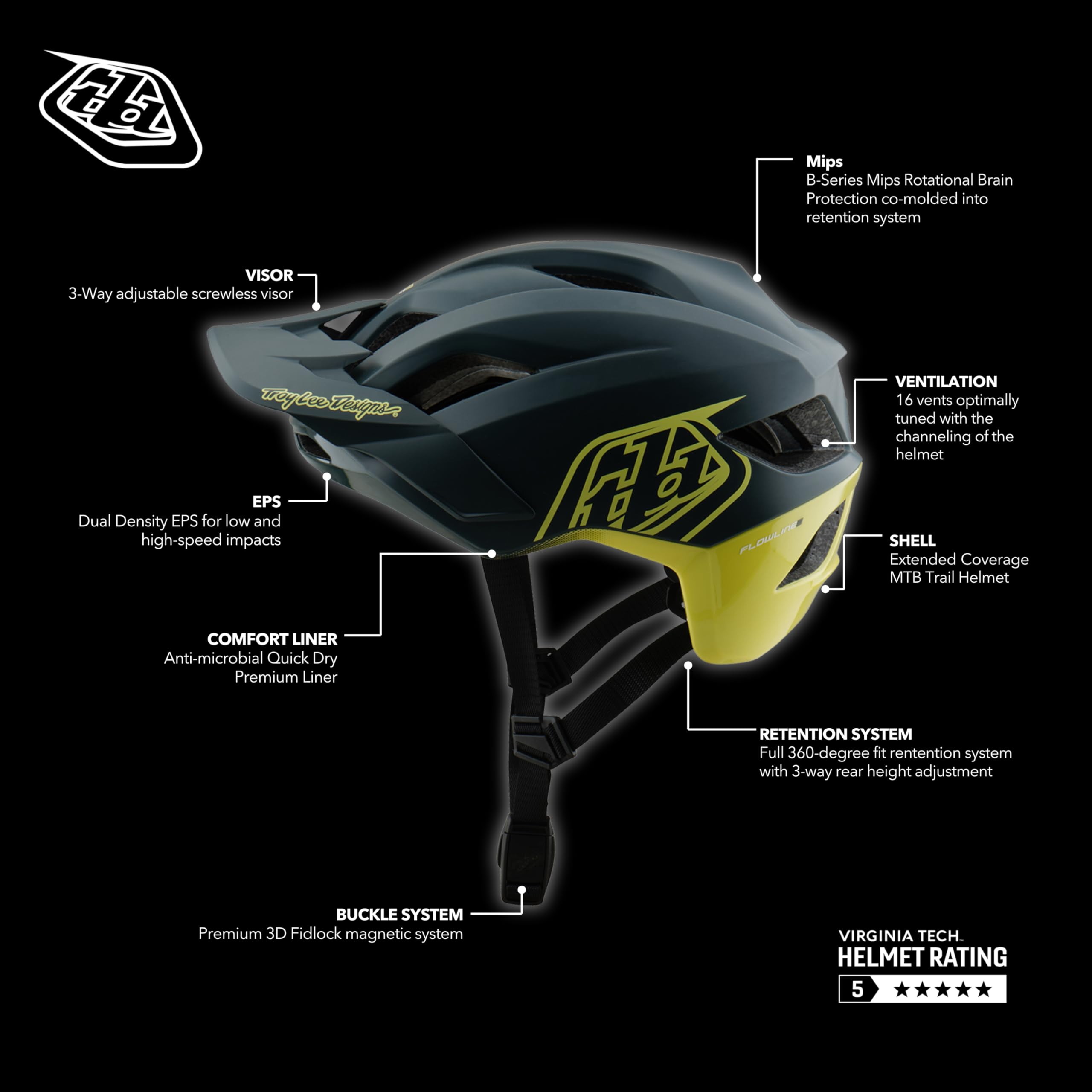 Troy Lee Designs Flowline SE Helmet (2025) MIPS for Mountain Bicyle MTB, Badge Gray/Glo Yellow, X-Large/XX-Large