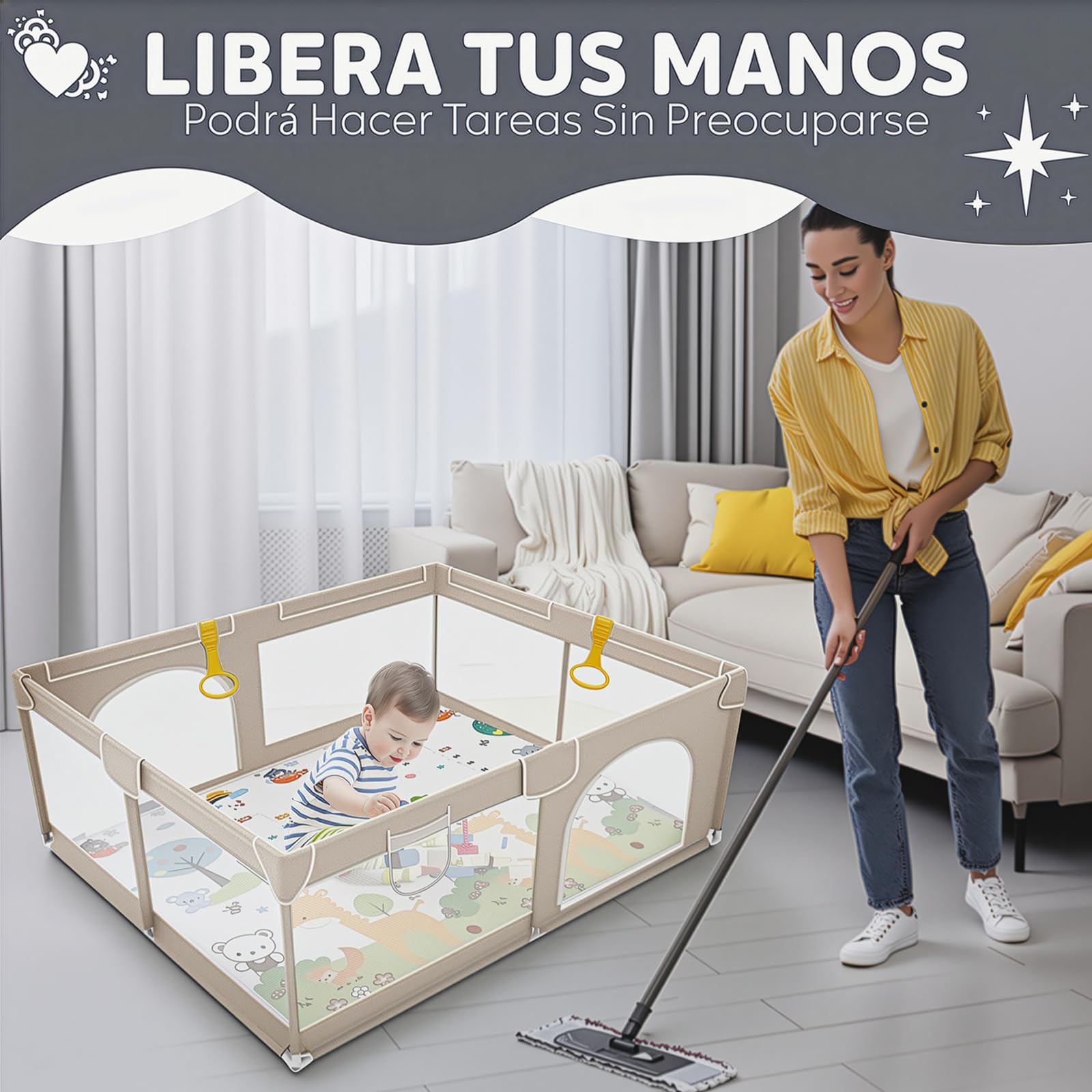 EveryKip® Plac zabaw dla dzieci beżowy 120x120 cm + mata podłogowa + pierścienie + torba do przenoszenia kojec dla dzieci składany oddychający materiał siatkowy dla niemowląt (beżowy)