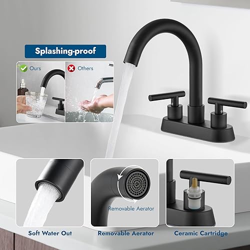 Miniatura 5 de Cinwiny SUS304 - Grifo de lavabo central de 4 pulgadas, color negro mate, grifo mezclador de montaje en cubierta con desagüe emergente, grifos de