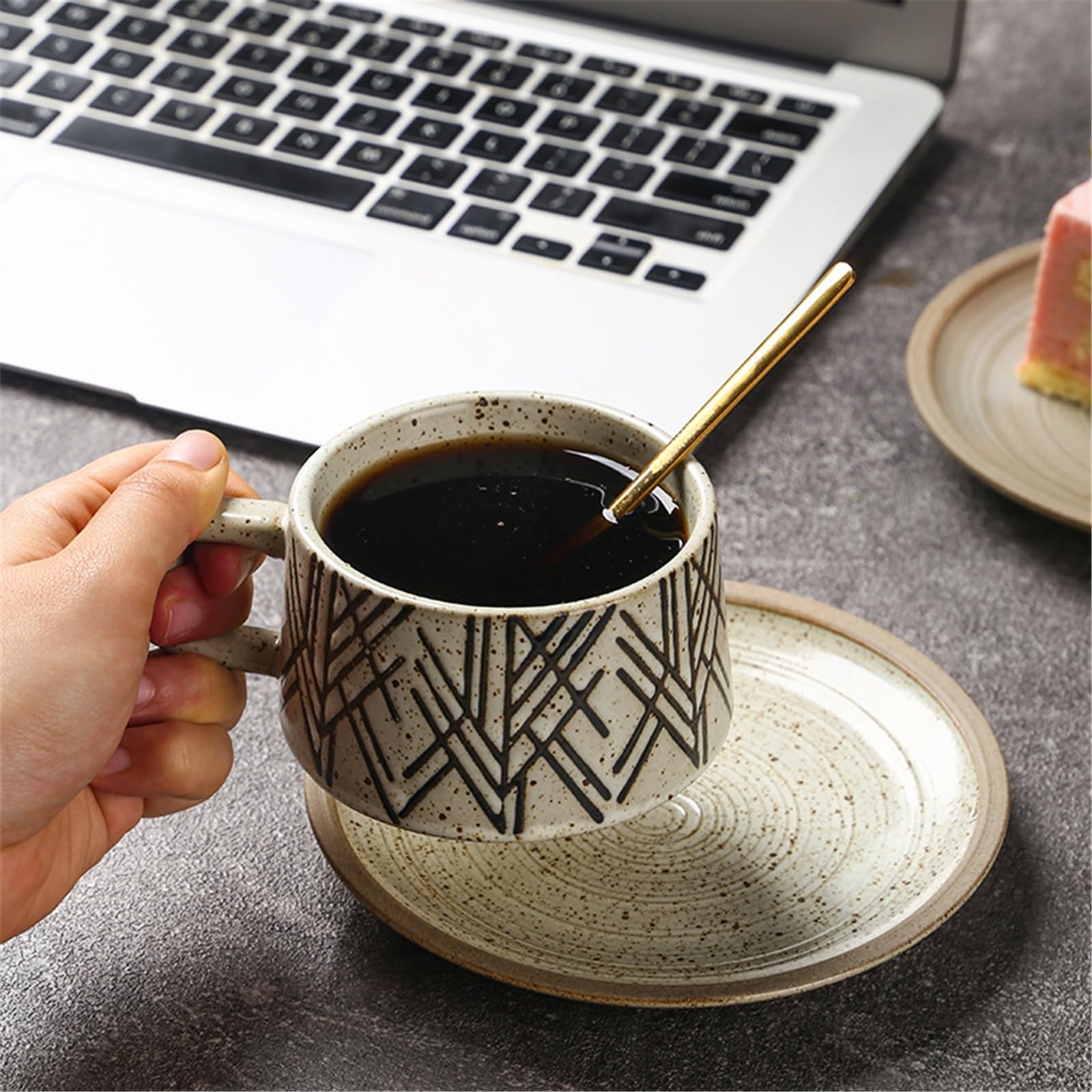 Taza de café Taza de café cerámica comercial, té con leche, avena, diseño retro, for casa, restaurante, platillo y cuchara Tazas