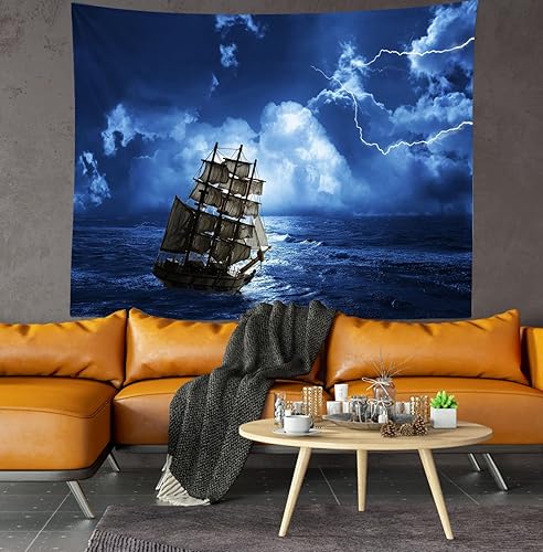 Miniatura 2 de Loccor Tapiz de pared de barco de 6 x 4 pies, diseño de barco pirata que lucha por la tormenta, paisaje, vela, para colgar en la pared, fondo