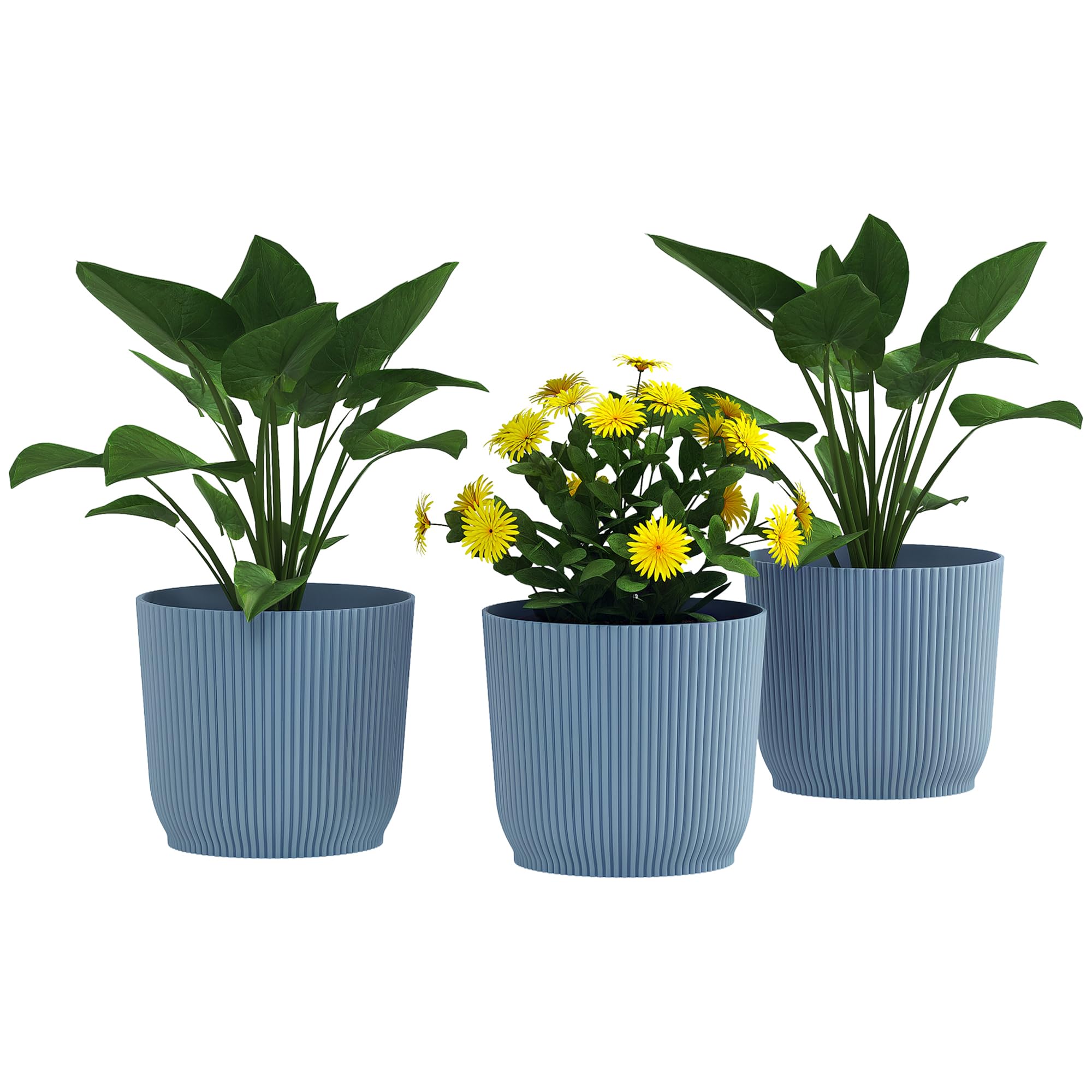Outsunny Set Of 3 Round Plant Pots Outdoor 22Cm For Garden Decoration, Blue